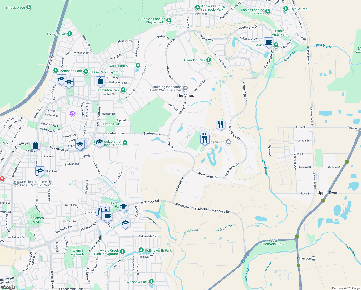 map of restaurants, bars, coffee shops, grocery stores, and more near 39 Pavilion Circle in The Vines