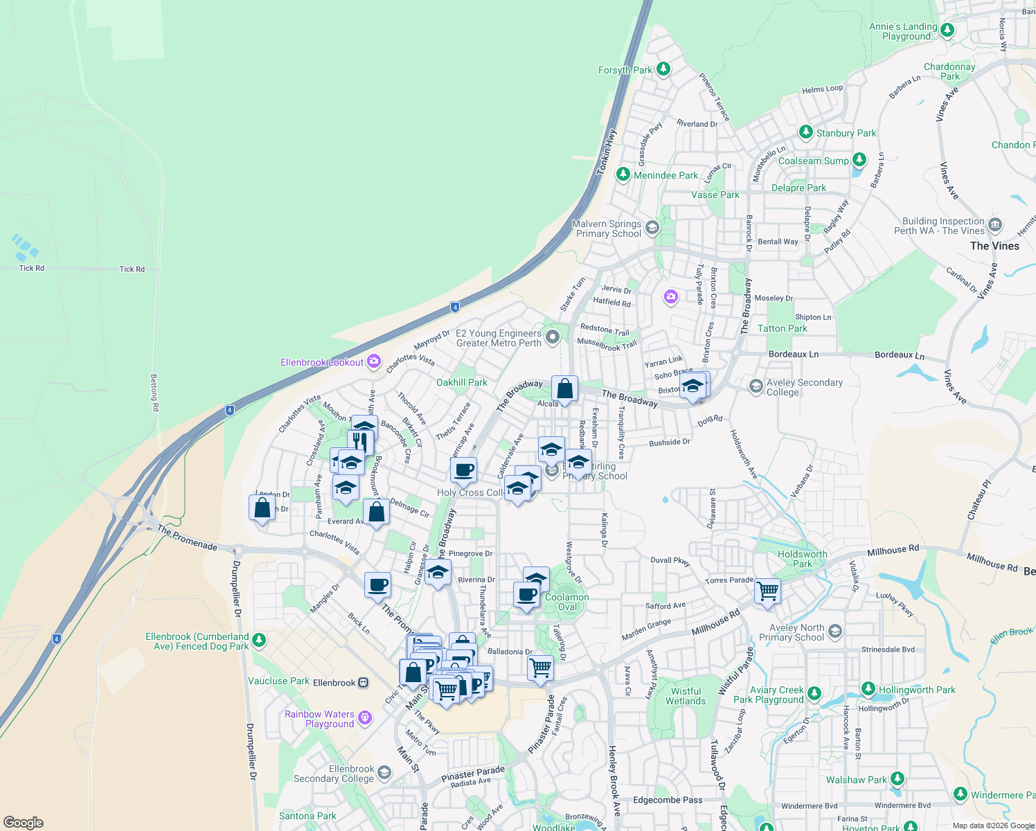 map of restaurants, bars, coffee shops, grocery stores, and more near 16 Elmina Avenue in Ellenbrook