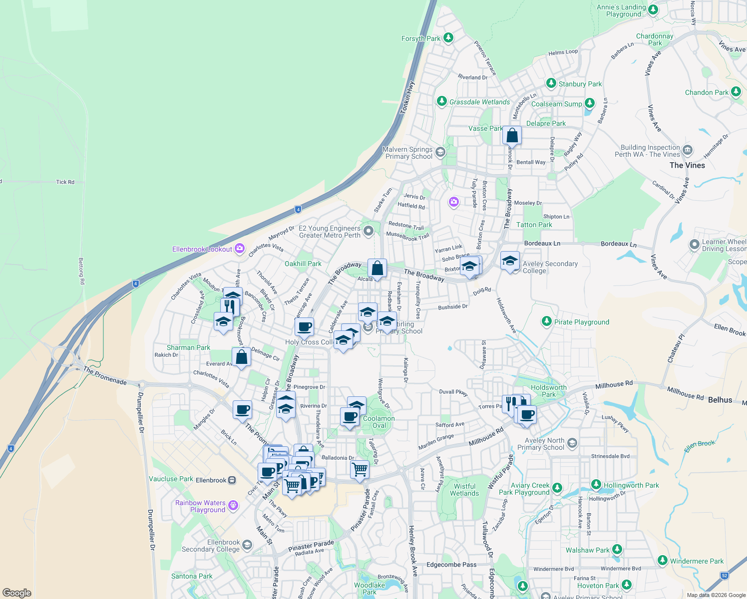 map of restaurants, bars, coffee shops, grocery stores, and more near 6 Dunrobin Drive in Ellenbrook