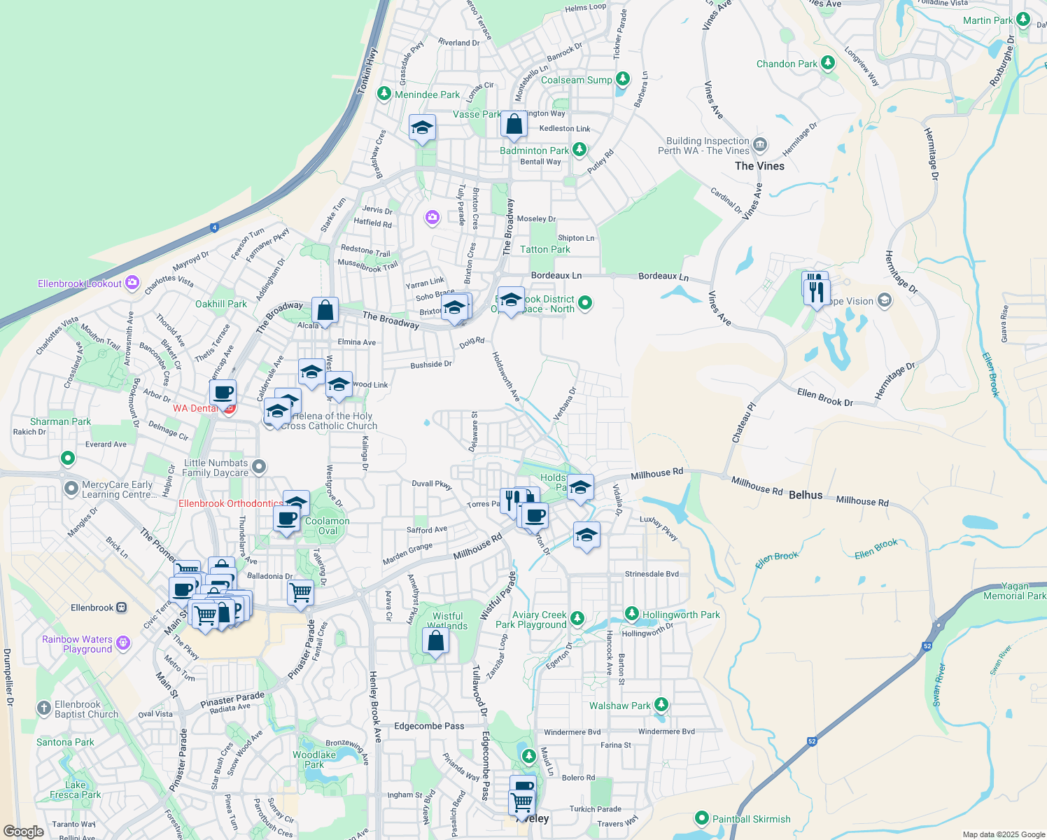 map of restaurants, bars, coffee shops, grocery stores, and more near 95 Holdsworth Avenue in Aveley