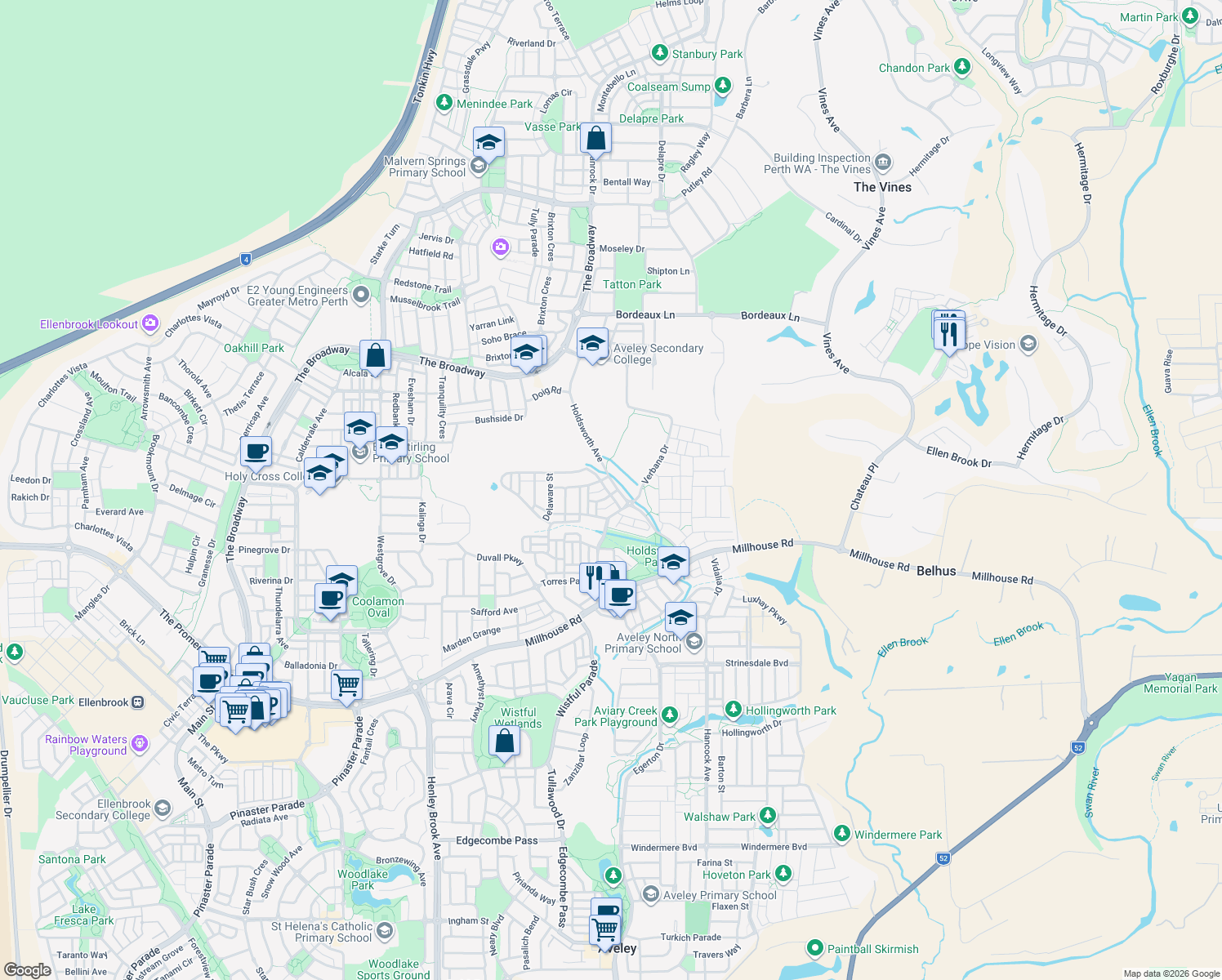 map of restaurants, bars, coffee shops, grocery stores, and more near 85 Holdsworth Avenue in Aveley