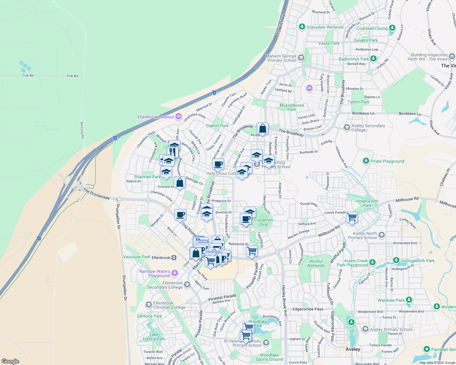 map of restaurants, bars, coffee shops, grocery stores, and more near 6 Larrawa Circle in Ellenbrook
