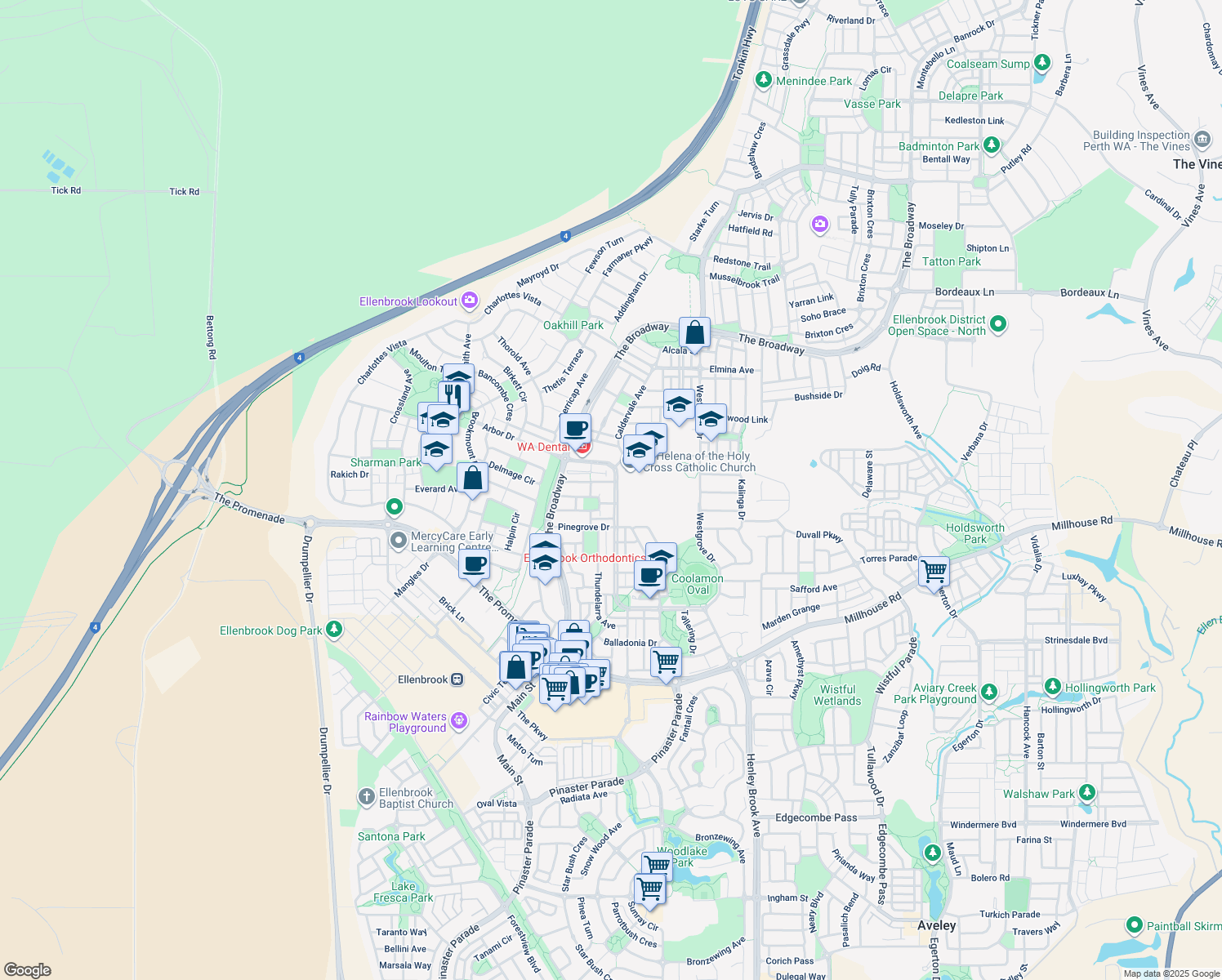 map of restaurants, bars, coffee shops, grocery stores, and more near 125 Coolamon Boulevard in Ellenbrook