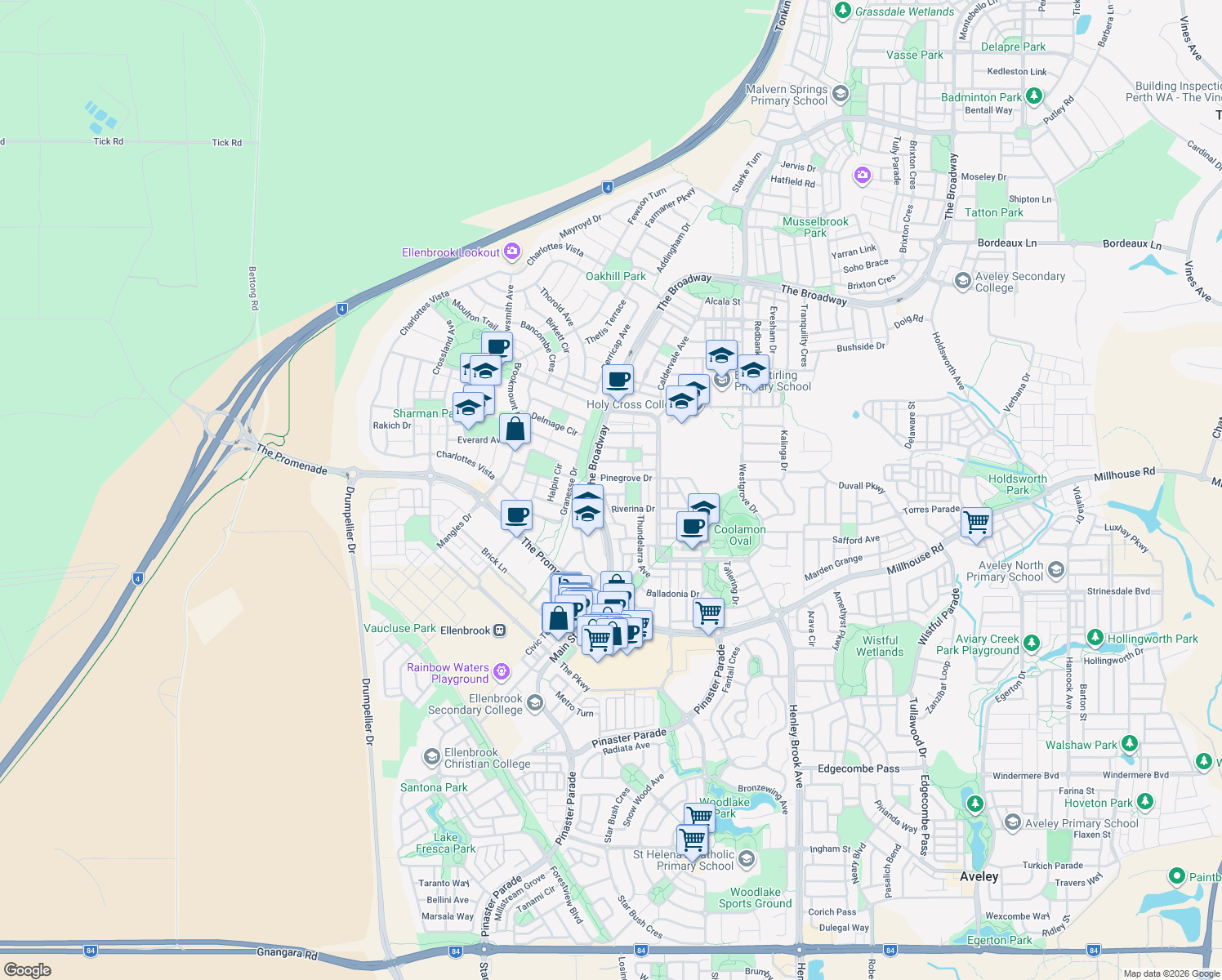 map of restaurants, bars, coffee shops, grocery stores, and more near 65 Rocklea Crescent in Ellenbrook