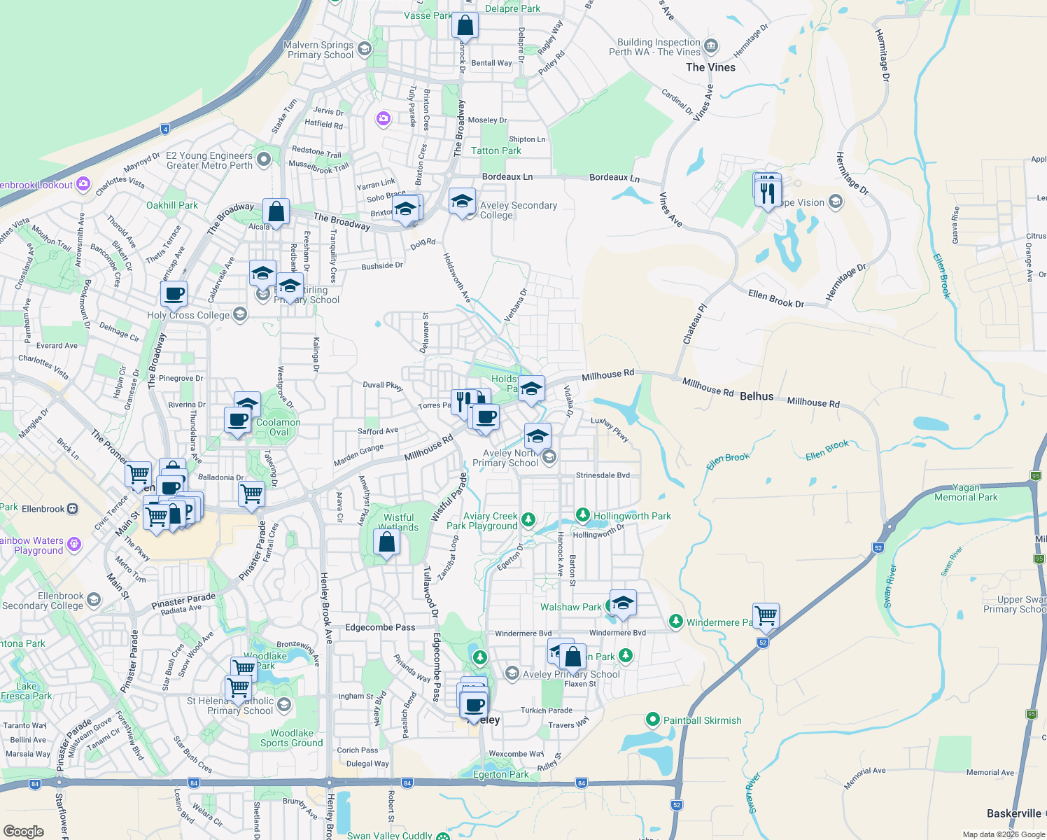 map of restaurants, bars, coffee shops, grocery stores, and more near 3 Mauve Way in Aveley