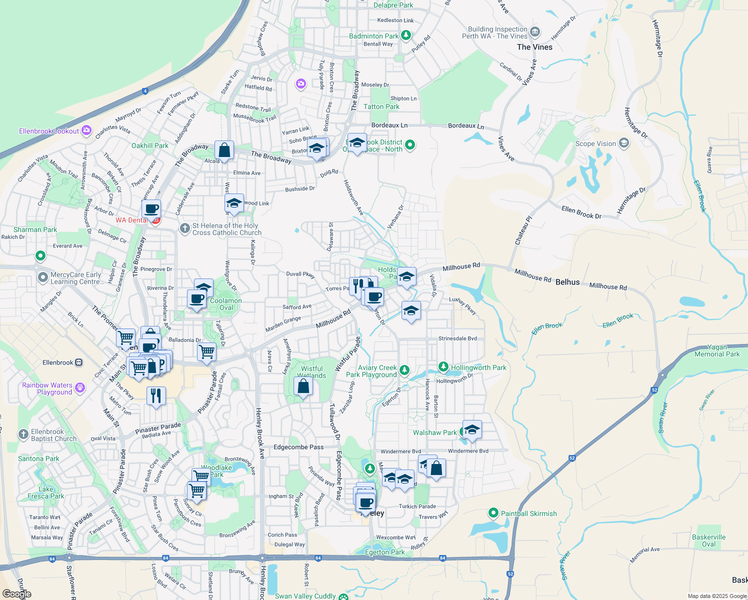 map of restaurants, bars, coffee shops, grocery stores, and more near 336 Egerton Drive in Aveley