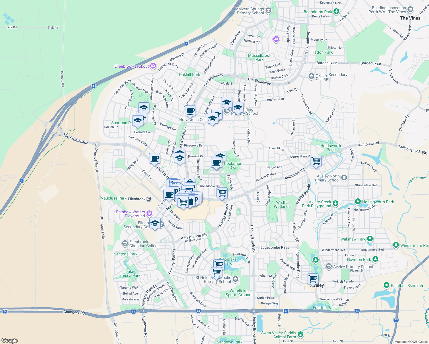 map of restaurants, bars, coffee shops, grocery stores, and more near 50 Coolamon Boulevard in Ellenbrook