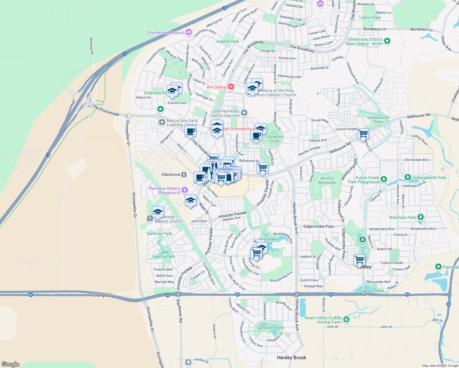 map of restaurants, bars, coffee shops, grocery stores, and more near in Ellenbrook