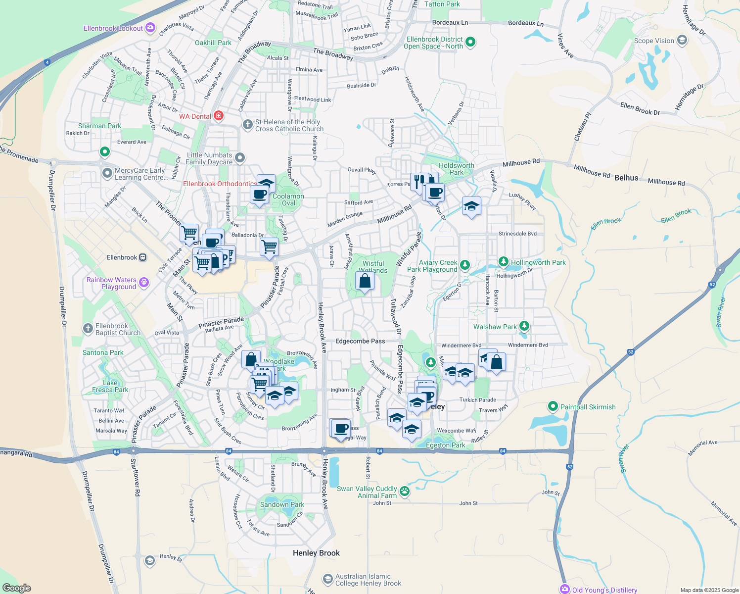 map of restaurants, bars, coffee shops, grocery stores, and more near 38 Wistful Parade in Aveley