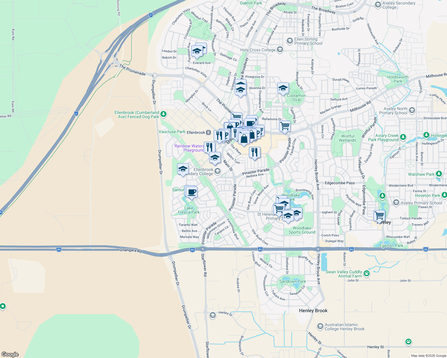 map of restaurants, bars, coffee shops, grocery stores, and more near 25 Oval Vista in Ellenbrook