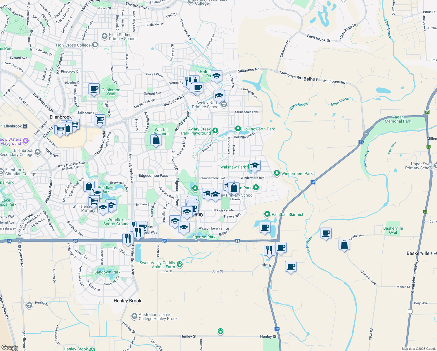 map of restaurants, bars, coffee shops, grocery stores, and more near 35 Windermere Boulevard in Aveley