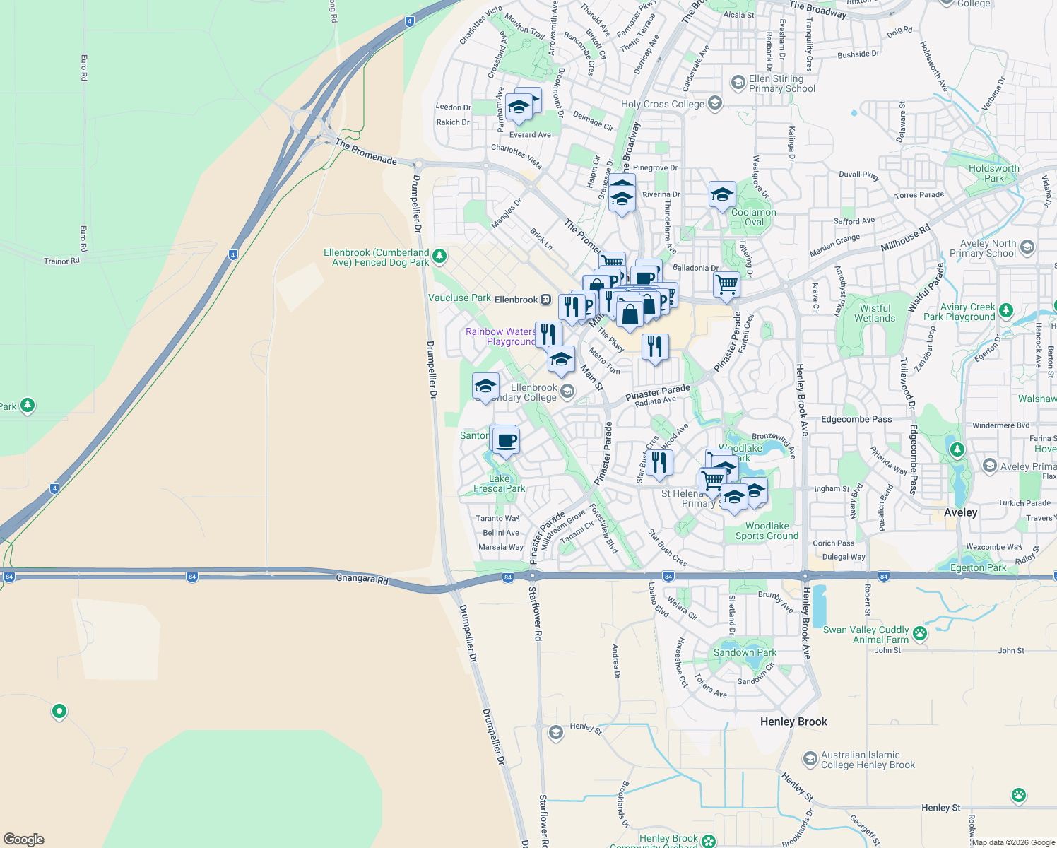 map of restaurants, bars, coffee shops, grocery stores, and more near 7 Trieste Avenue in Ellenbrook
