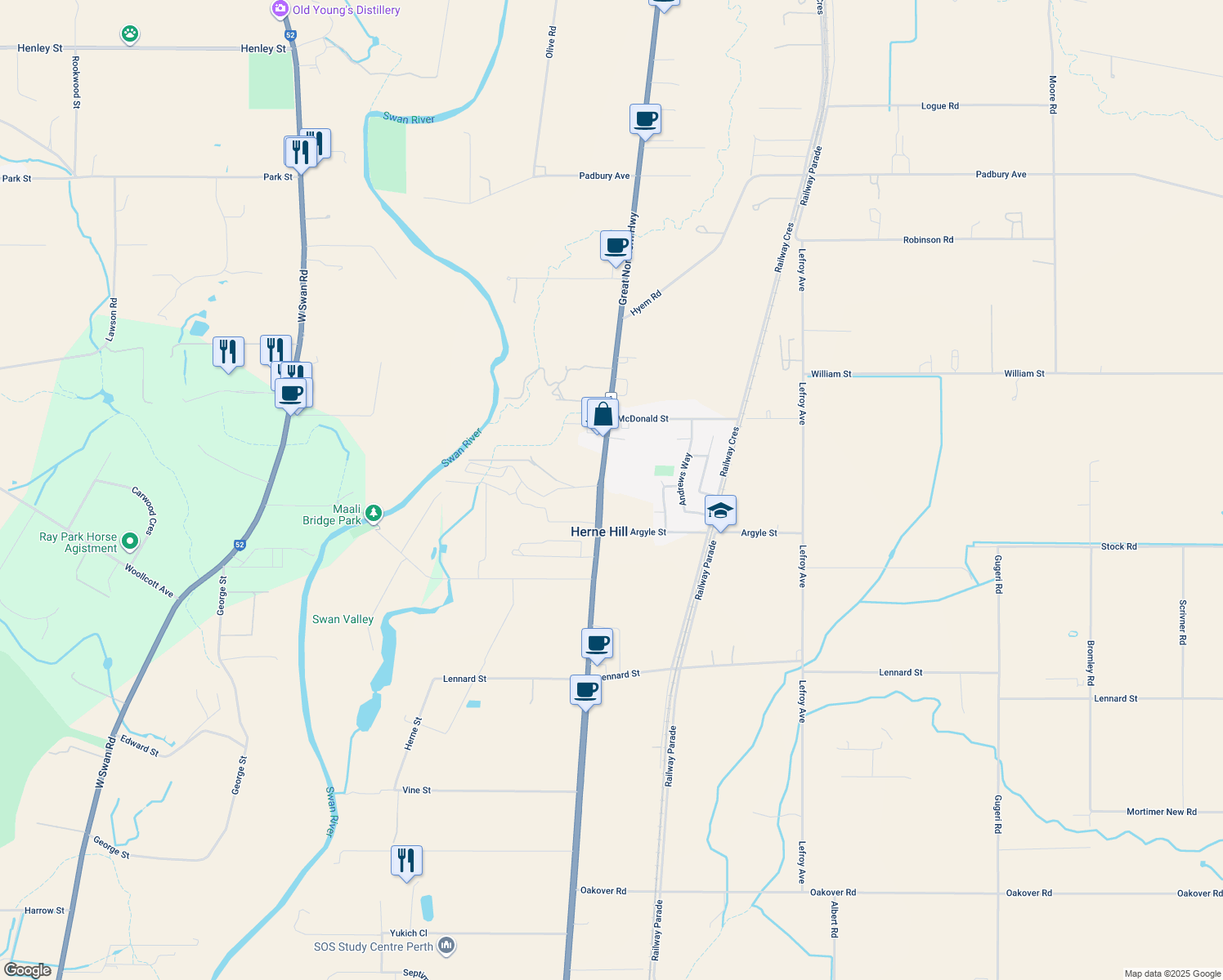 map of restaurants, bars, coffee shops, grocery stores, and more near 752 Great Northern Highway in Herne Hill