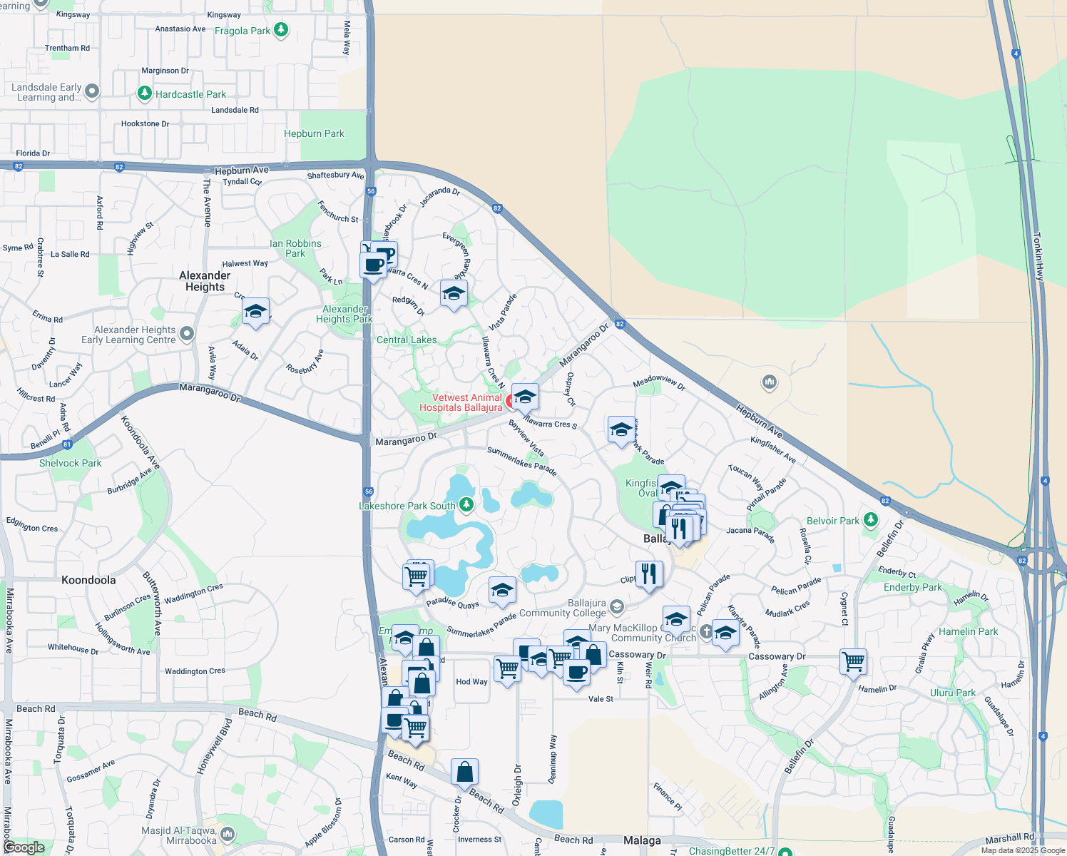 map of restaurants, bars, coffee shops, grocery stores, and more near 122 Illawarra Crescent in Ballajura