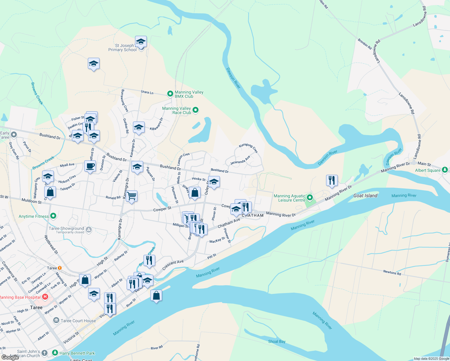 map of restaurants, bars, coffee shops, grocery stores, and more near LOT 1 Davis Street in Taree