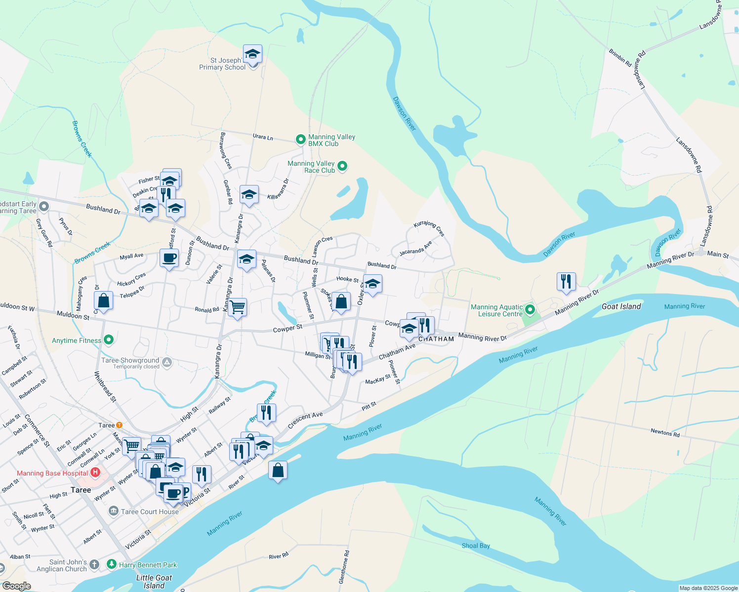 map of restaurants, bars, coffee shops, grocery stores, and more near 3 Davis Street in Taree