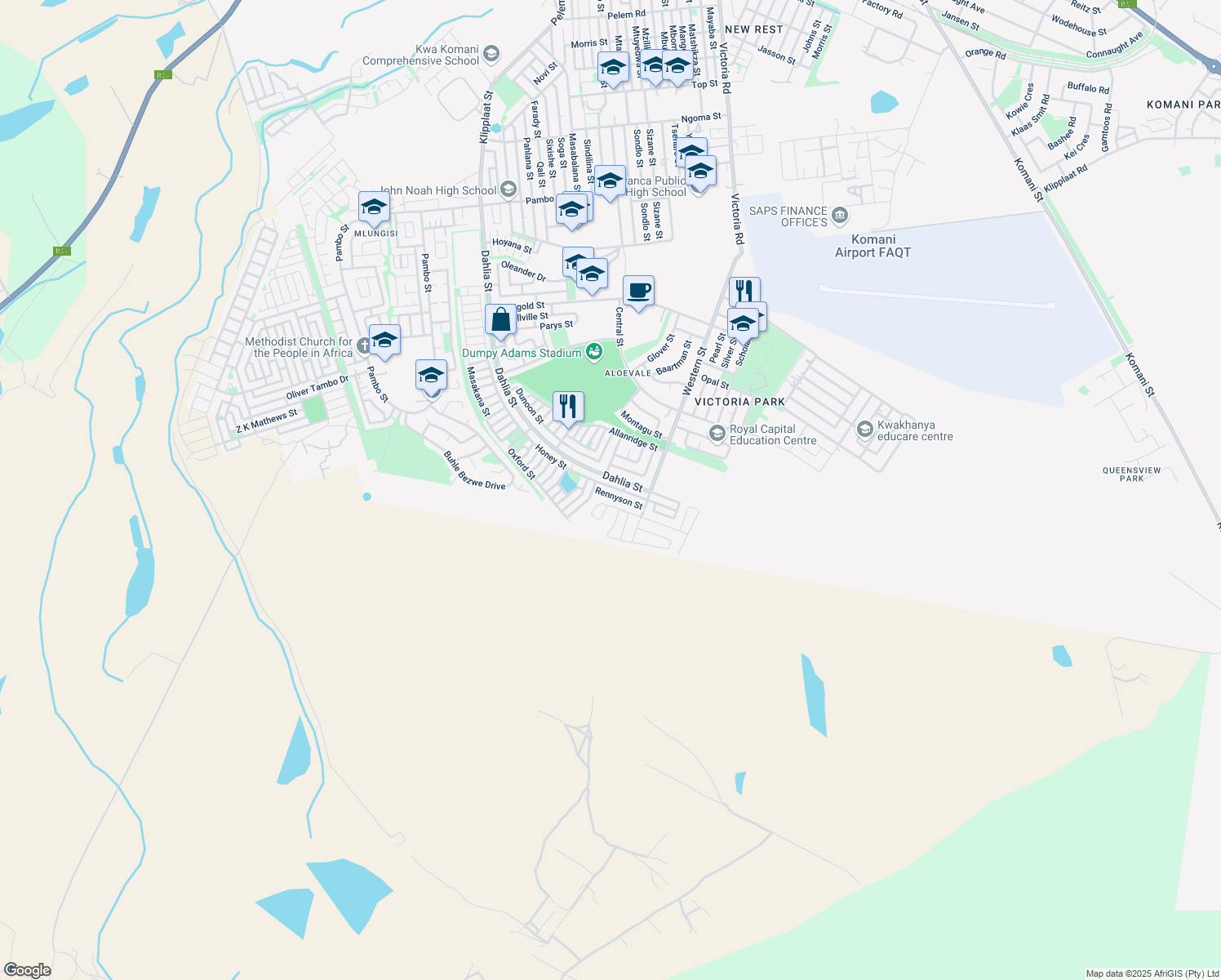 map of restaurants, bars, coffee shops, grocery stores, and more near 60 Honey Street in Komani