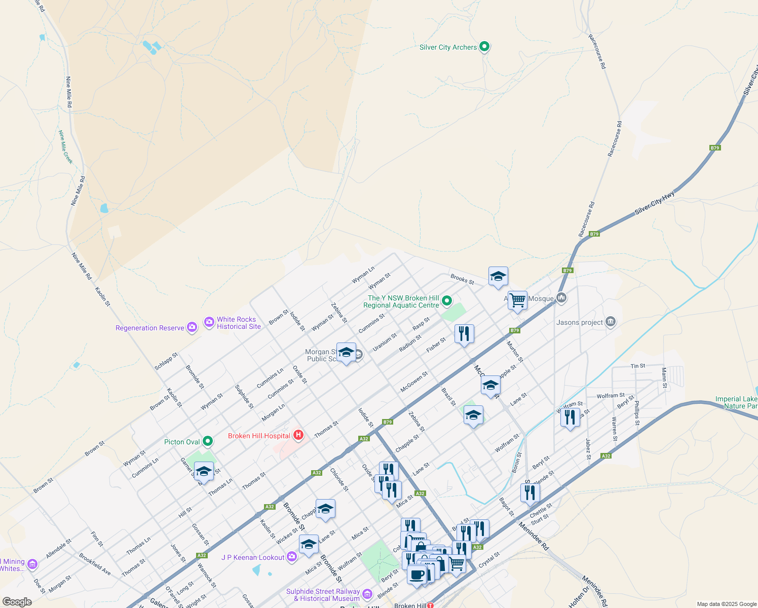map of restaurants, bars, coffee shops, grocery stores, and more near 367 Brazil Street in Broken Hill