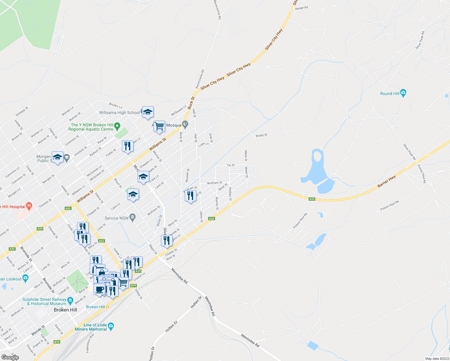 map of restaurants, bars, coffee shops, grocery stores, and more near 722 Wolfram Street in Broken Hill