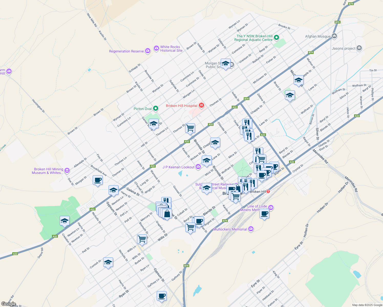 map of restaurants, bars, coffee shops, grocery stores, and more near in Broken Hill