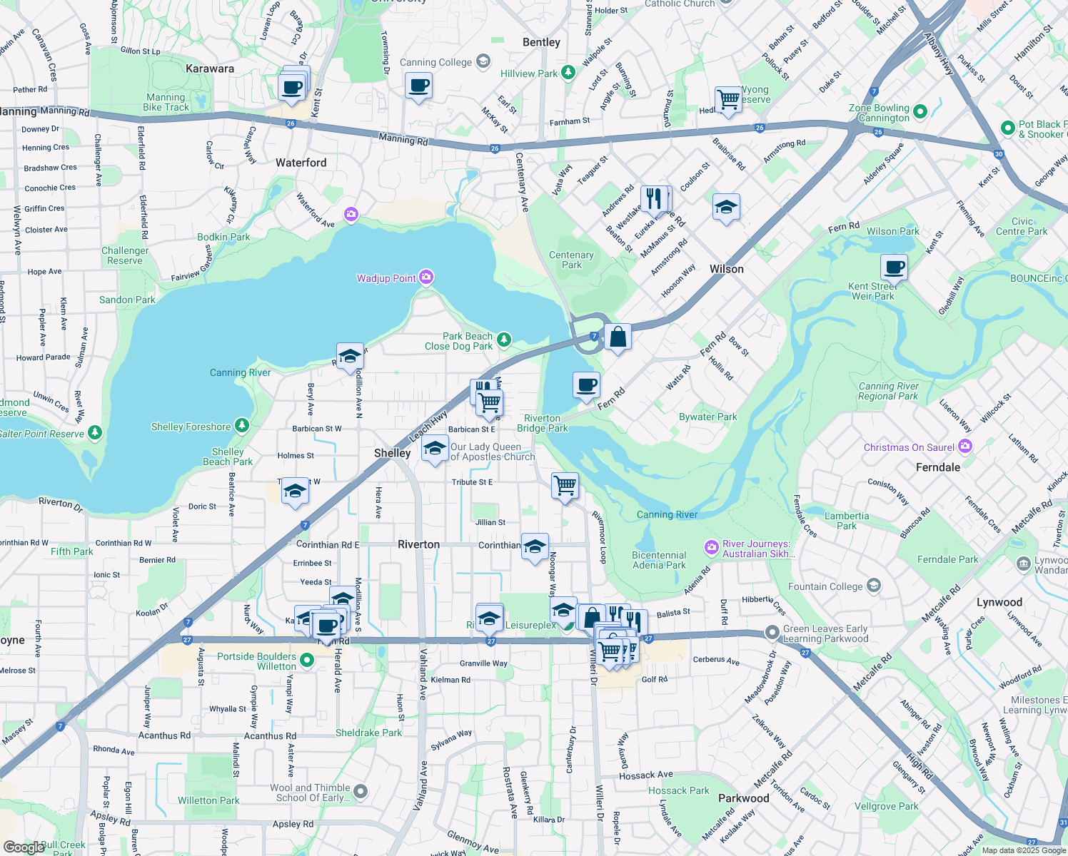 map of restaurants, bars, coffee shops, grocery stores, and more near Riverton Drive East in City of Canning