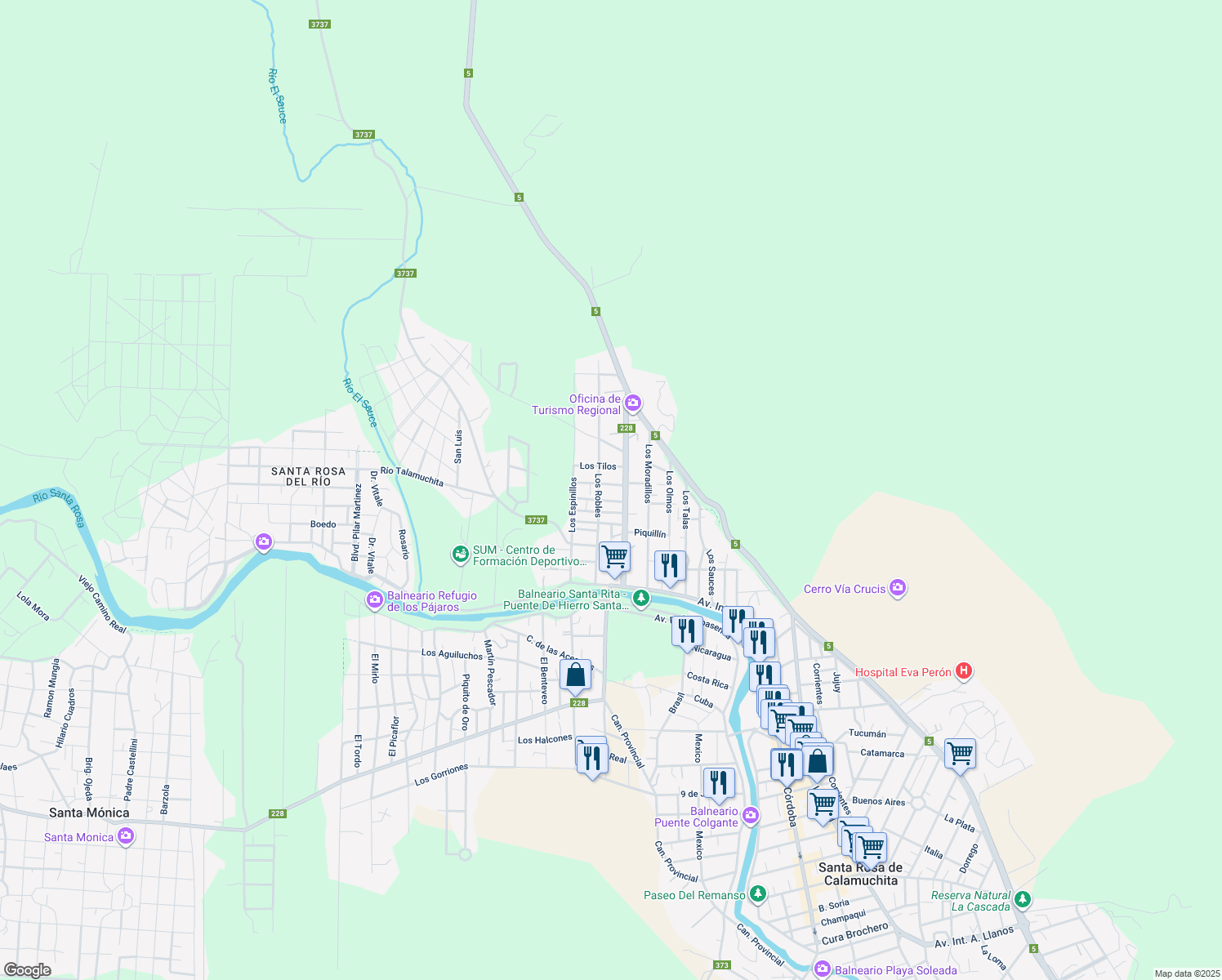 map of restaurants, bars, coffee shops, grocery stores, and more near 86 Los Jacarandaes in Santa Rosa de Calamuchita