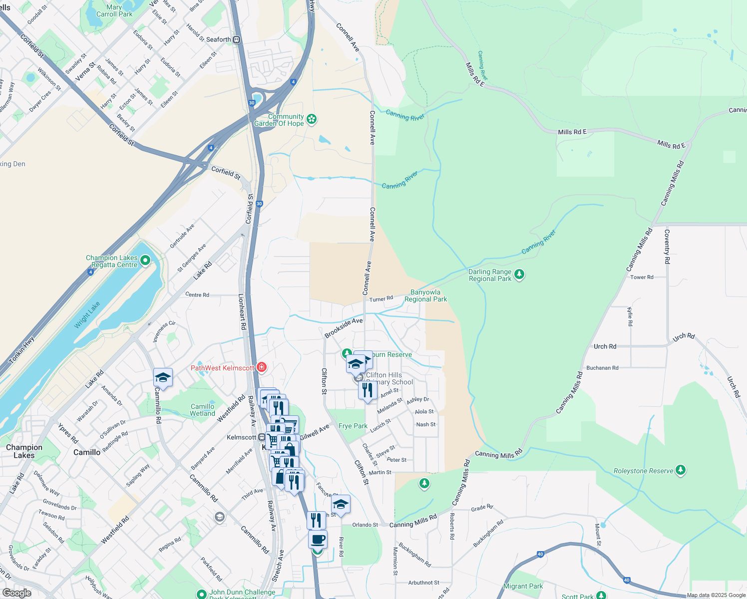 map of restaurants, bars, coffee shops, grocery stores, and more near 6 Turner Road in Kelmscott