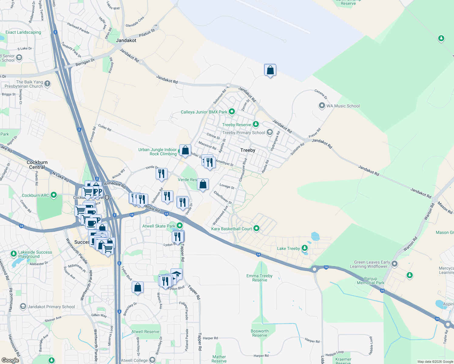 map of restaurants, bars, coffee shops, grocery stores, and more near 19 Caraway Street in Banjup