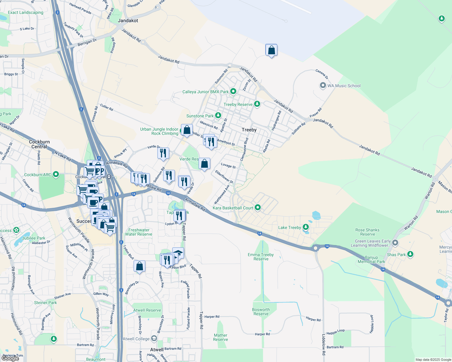 map of restaurants, bars, coffee shops, grocery stores, and more near 17 Elderflower Street in Banjup