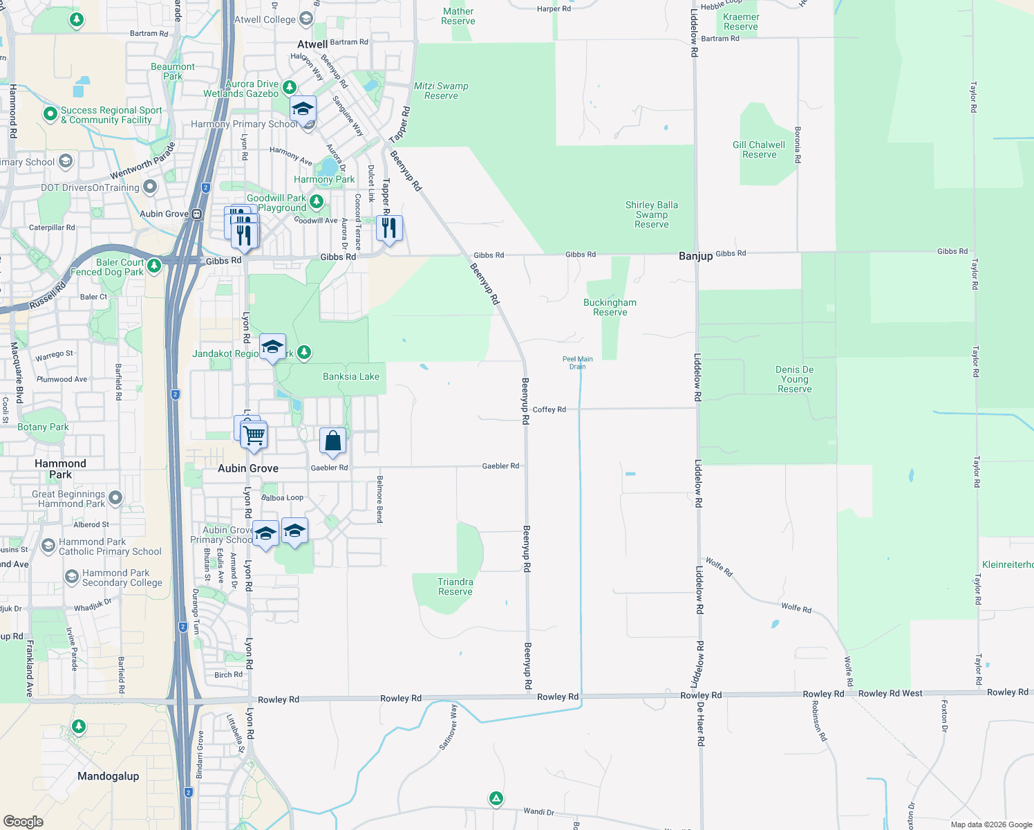 map of restaurants, bars, coffee shops, grocery stores, and more near 332 Beenyup Road in Banjup