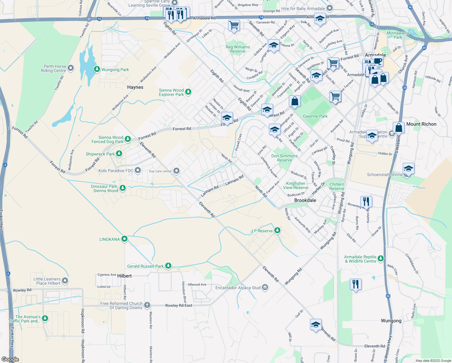 map of restaurants, bars, coffee shops, grocery stores, and more near 35 Lannam Road in Hilbert