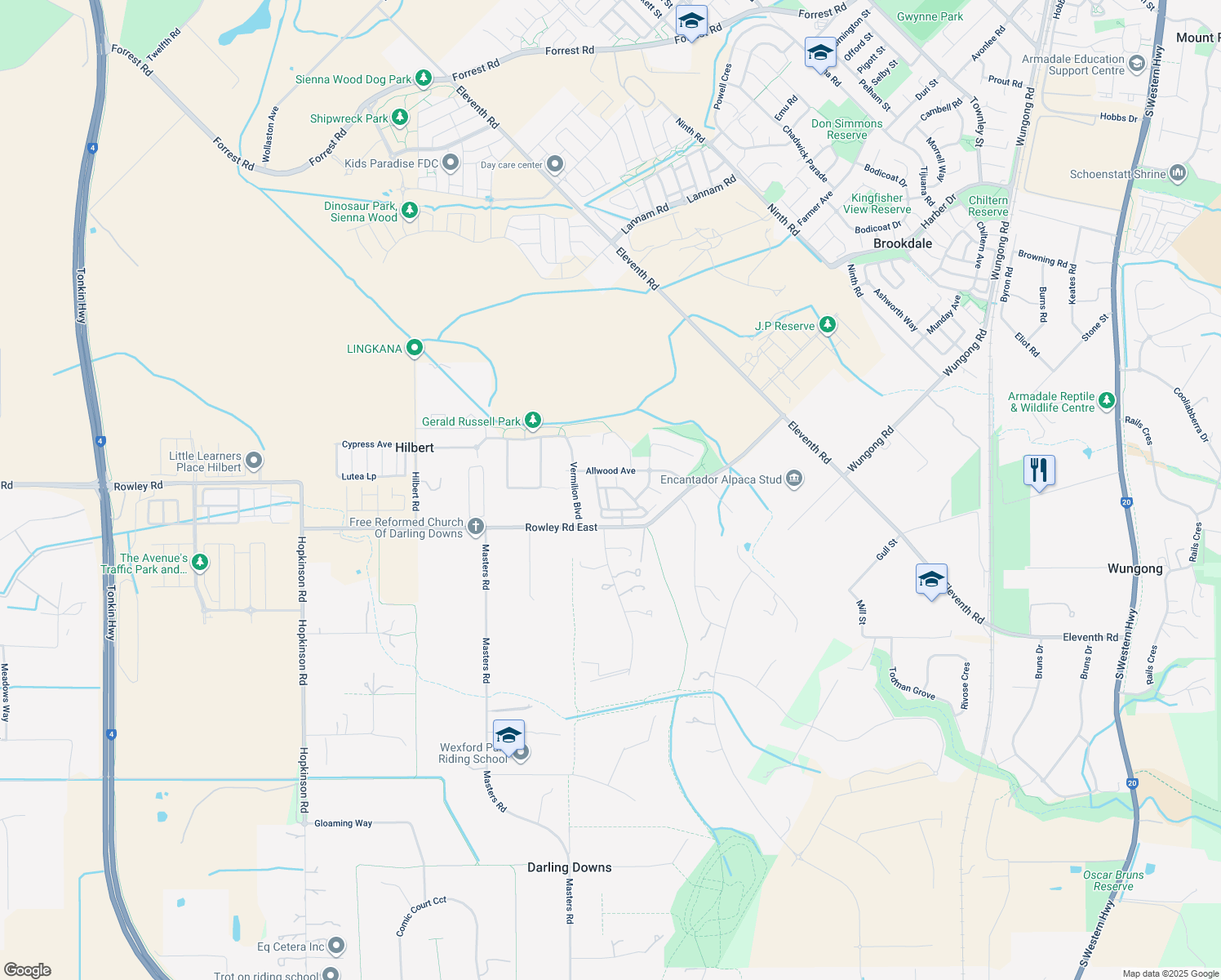 map of restaurants, bars, coffee shops, grocery stores, and more near 1 Ardara Lane in Hilbert