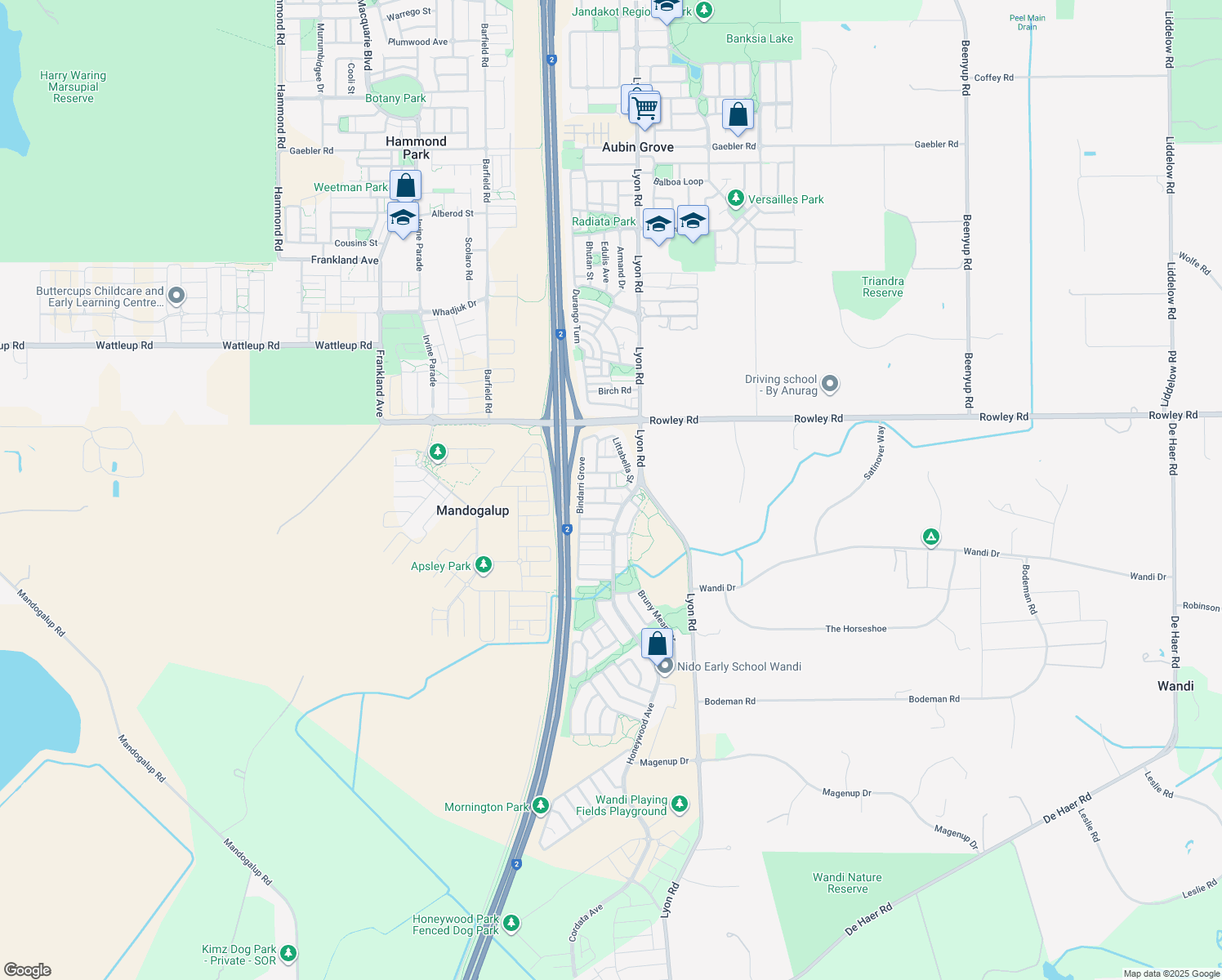 map of restaurants, bars, coffee shops, grocery stores, and more near 16 Littabella Avenue in Wandi