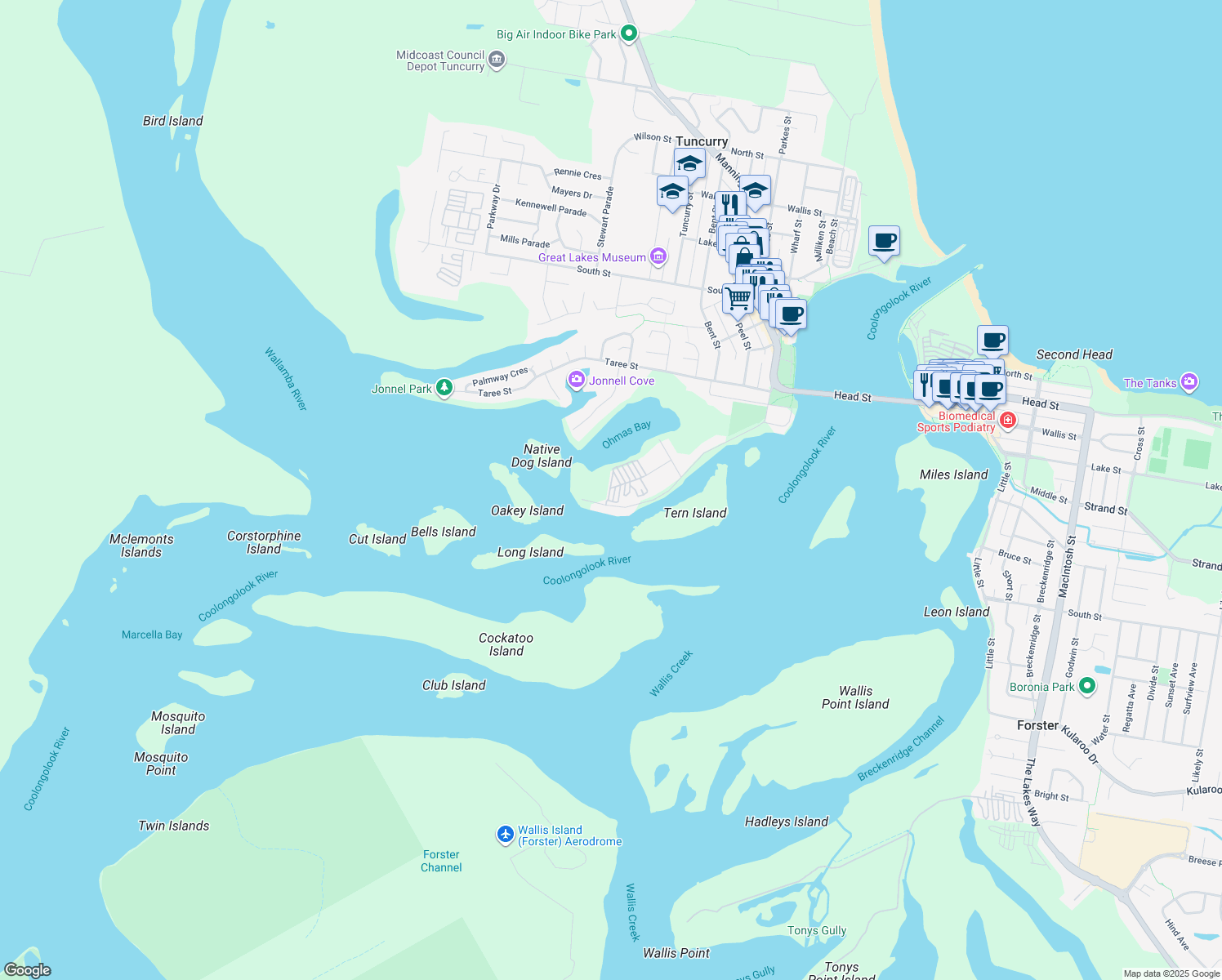map of restaurants, bars, coffee shops, grocery stores, and more near 1 Baird Street in Tuncurry