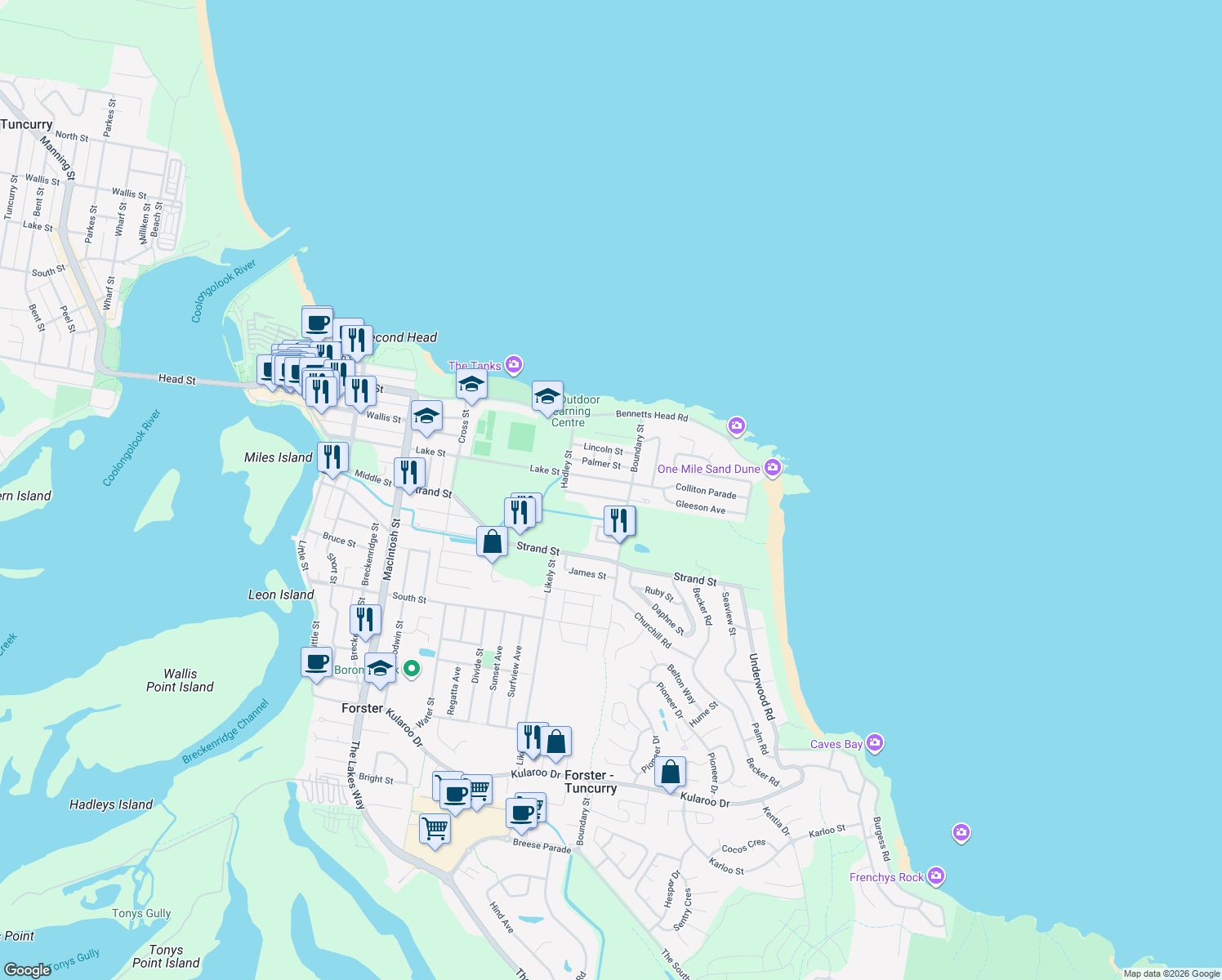 map of restaurants, bars, coffee shops, grocery stores, and more near 62 Lake Street in Forster