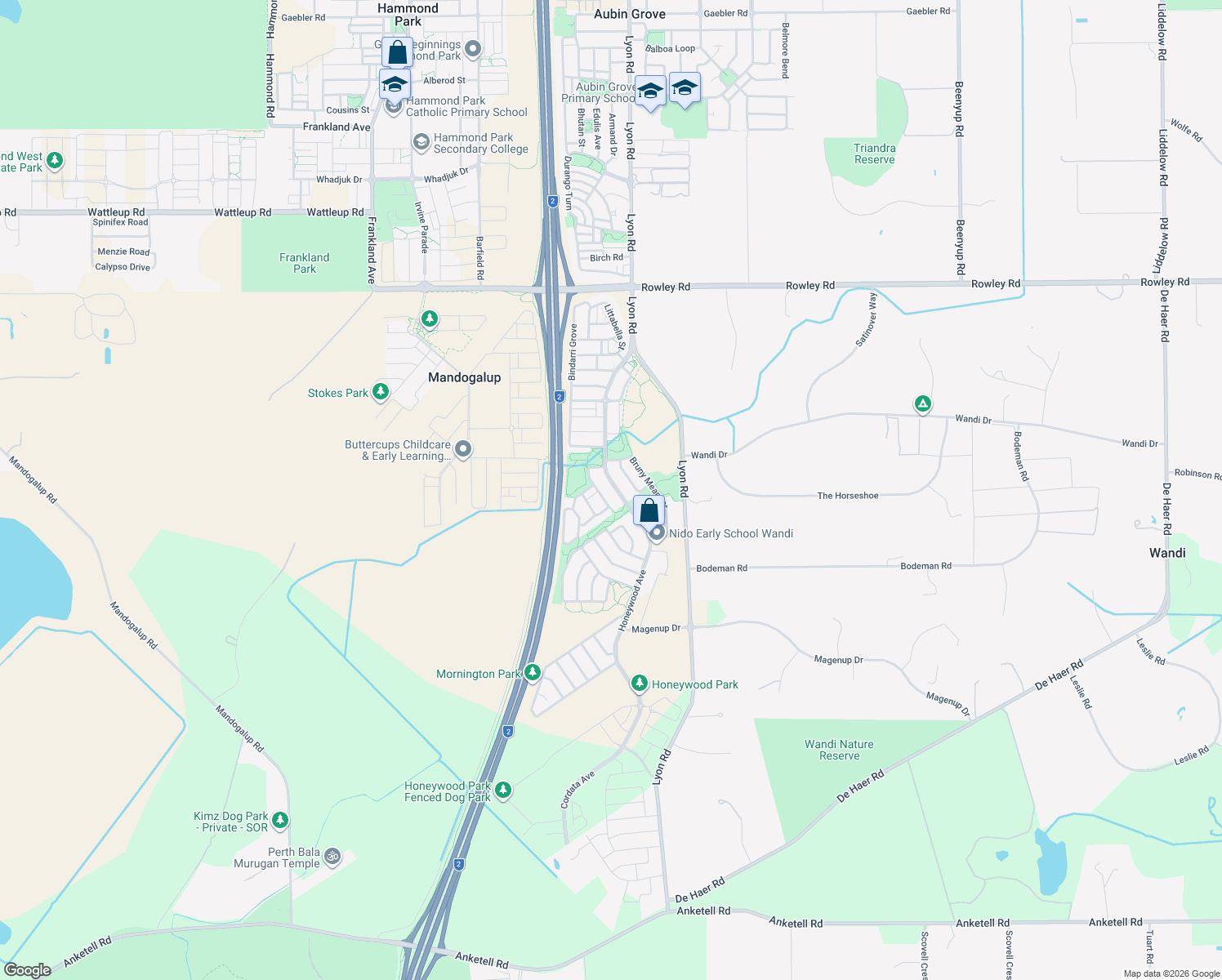 map of restaurants, bars, coffee shops, grocery stores, and more near 121 Honeywood Avenue in Wandi