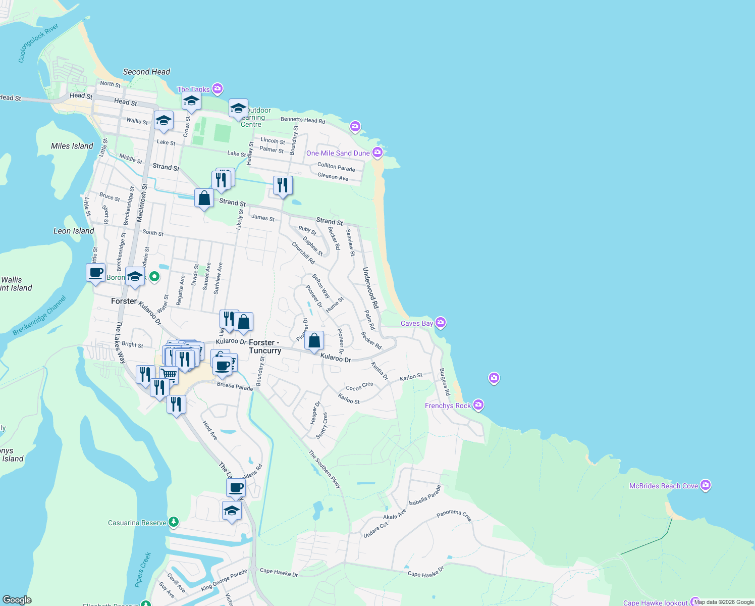 map of restaurants, bars, coffee shops, grocery stores, and more near 62 Underwood Road in Forster