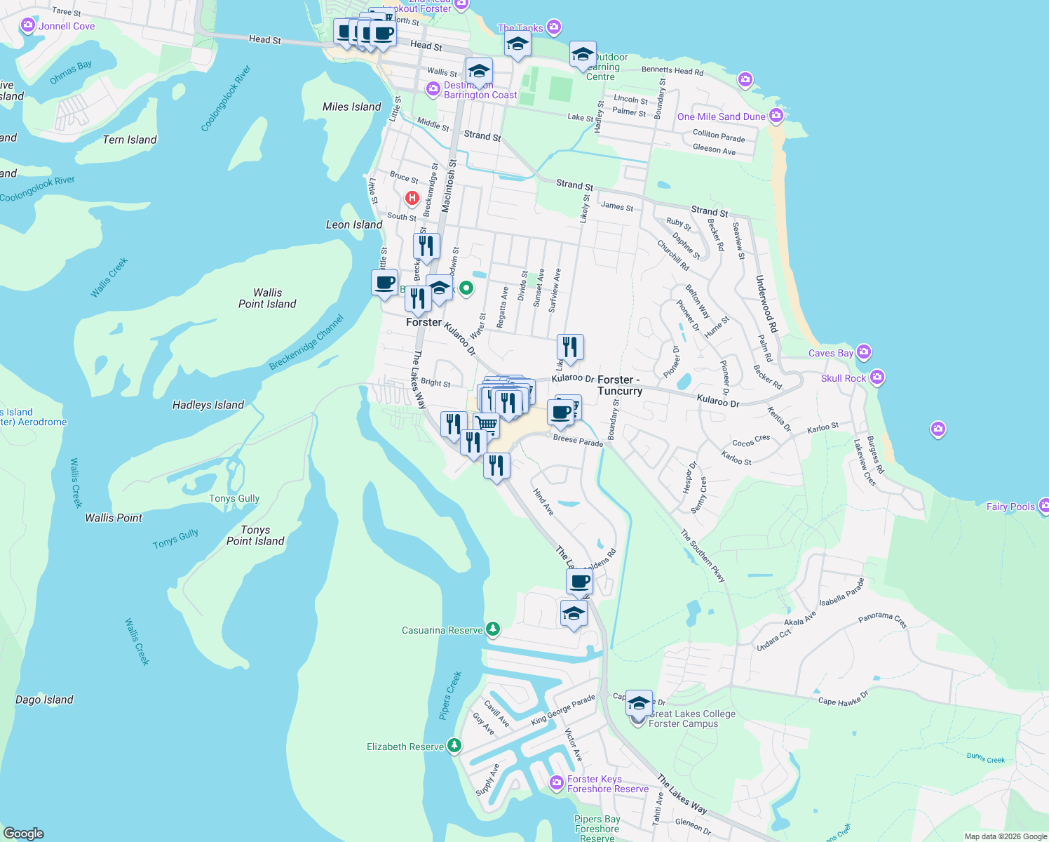 map of restaurants, bars, coffee shops, grocery stores, and more near 3-17 Breese Parade in Forster