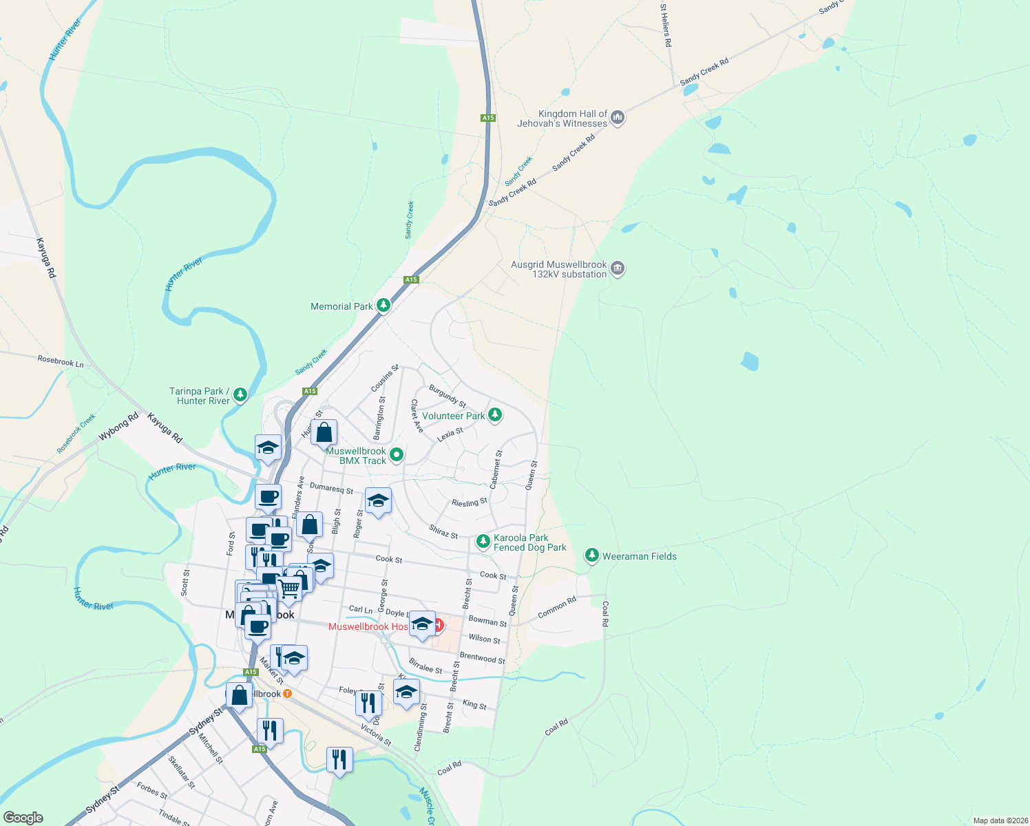 map of restaurants, bars, coffee shops, grocery stores, and more near 126 Queen Street in Muswellbrook