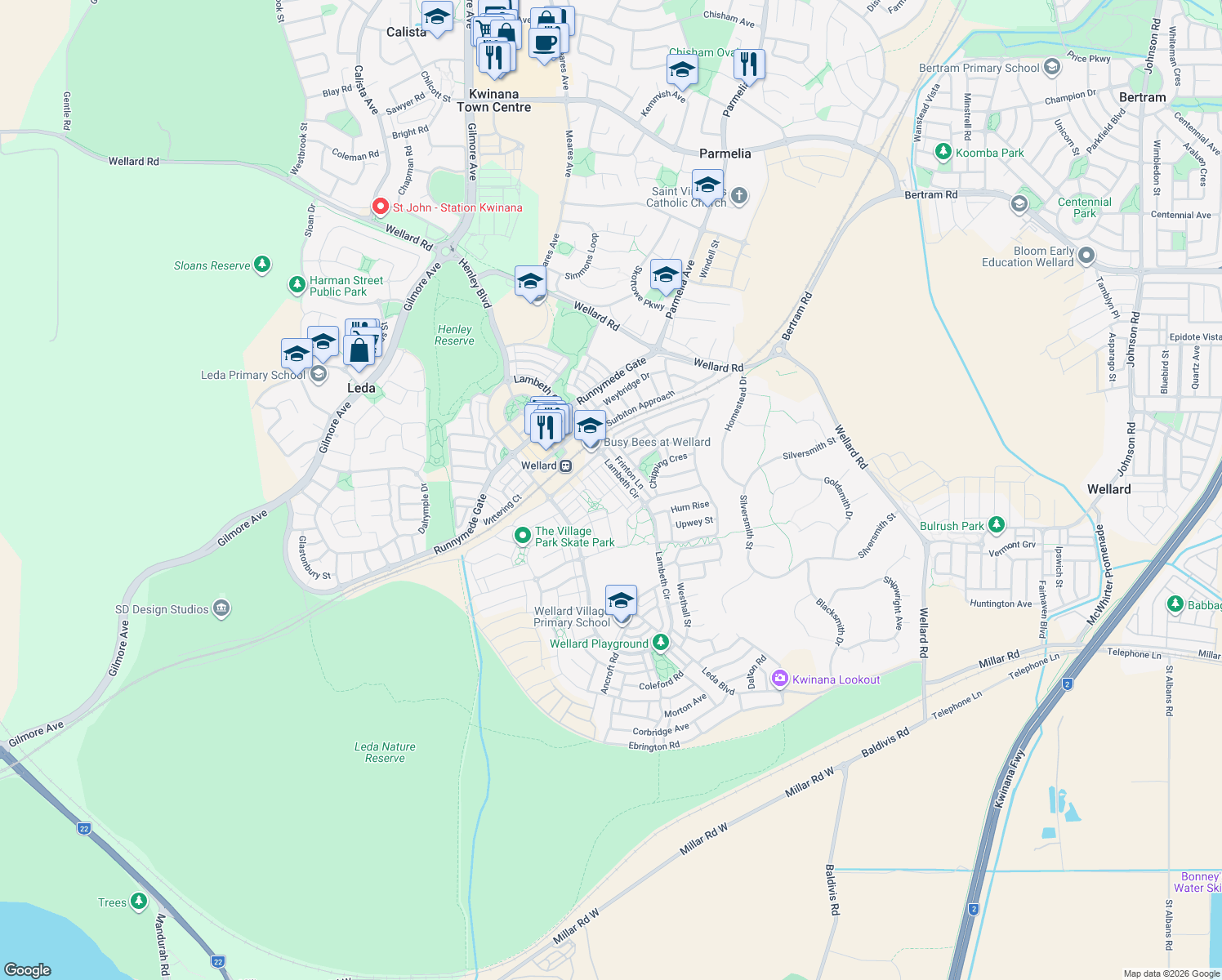 map of restaurants, bars, coffee shops, grocery stores, and more near Welton Road in Wellard