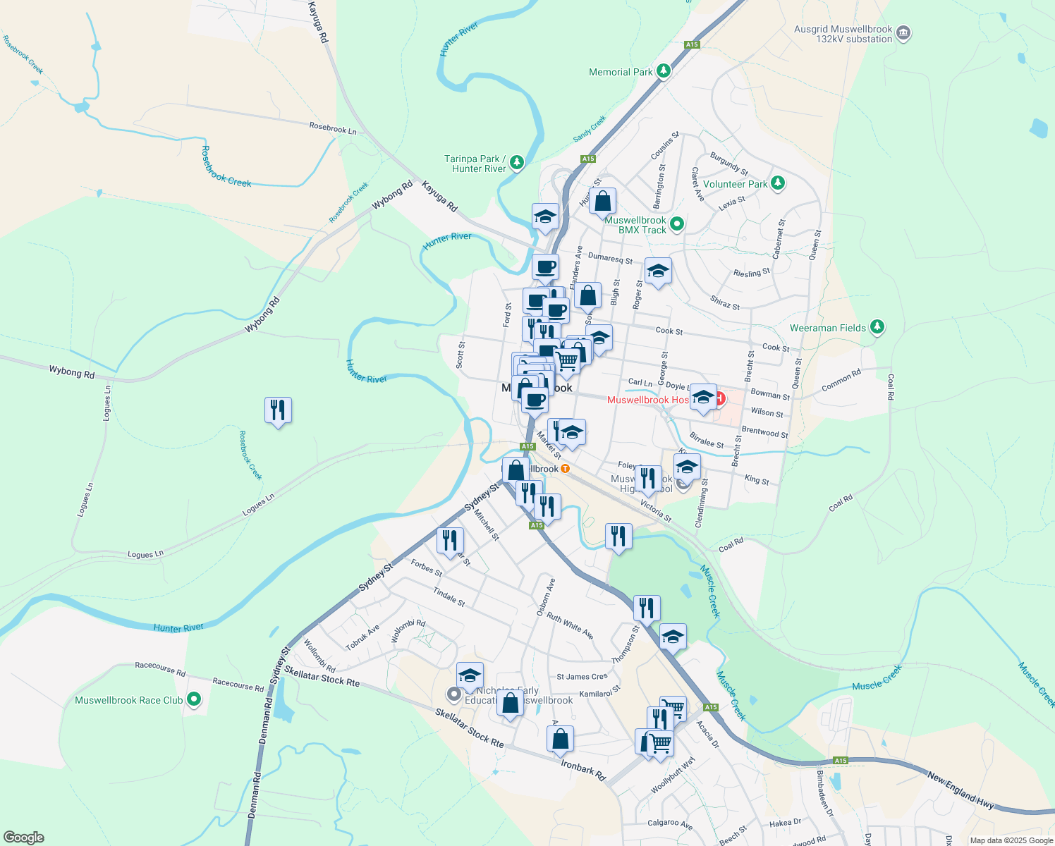map of restaurants, bars, coffee shops, grocery stores, and more near 12 Bridge Street in Muswellbrook