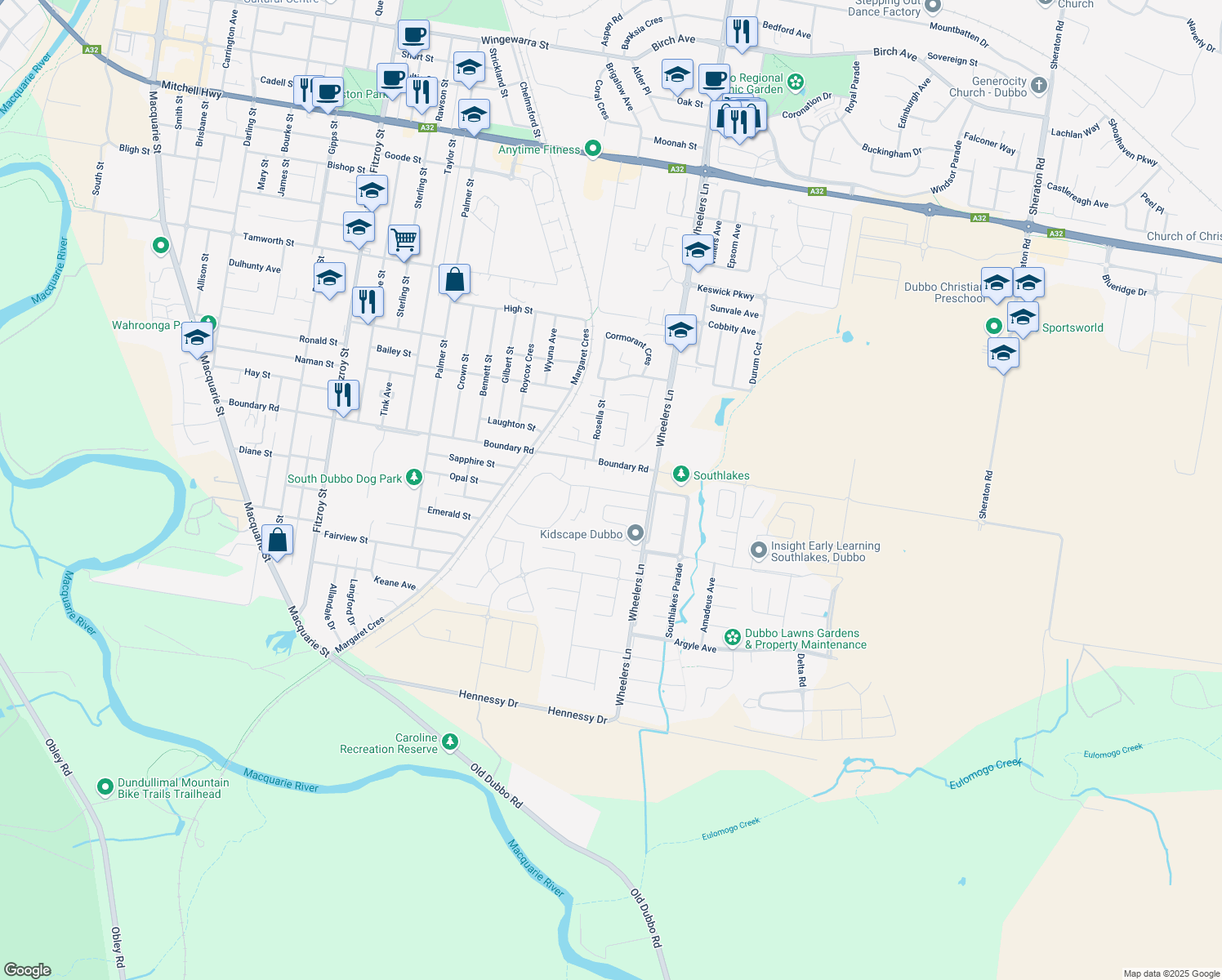 map of restaurants, bars, coffee shops, grocery stores, and more near Magnolia Boulevard in Dubbo