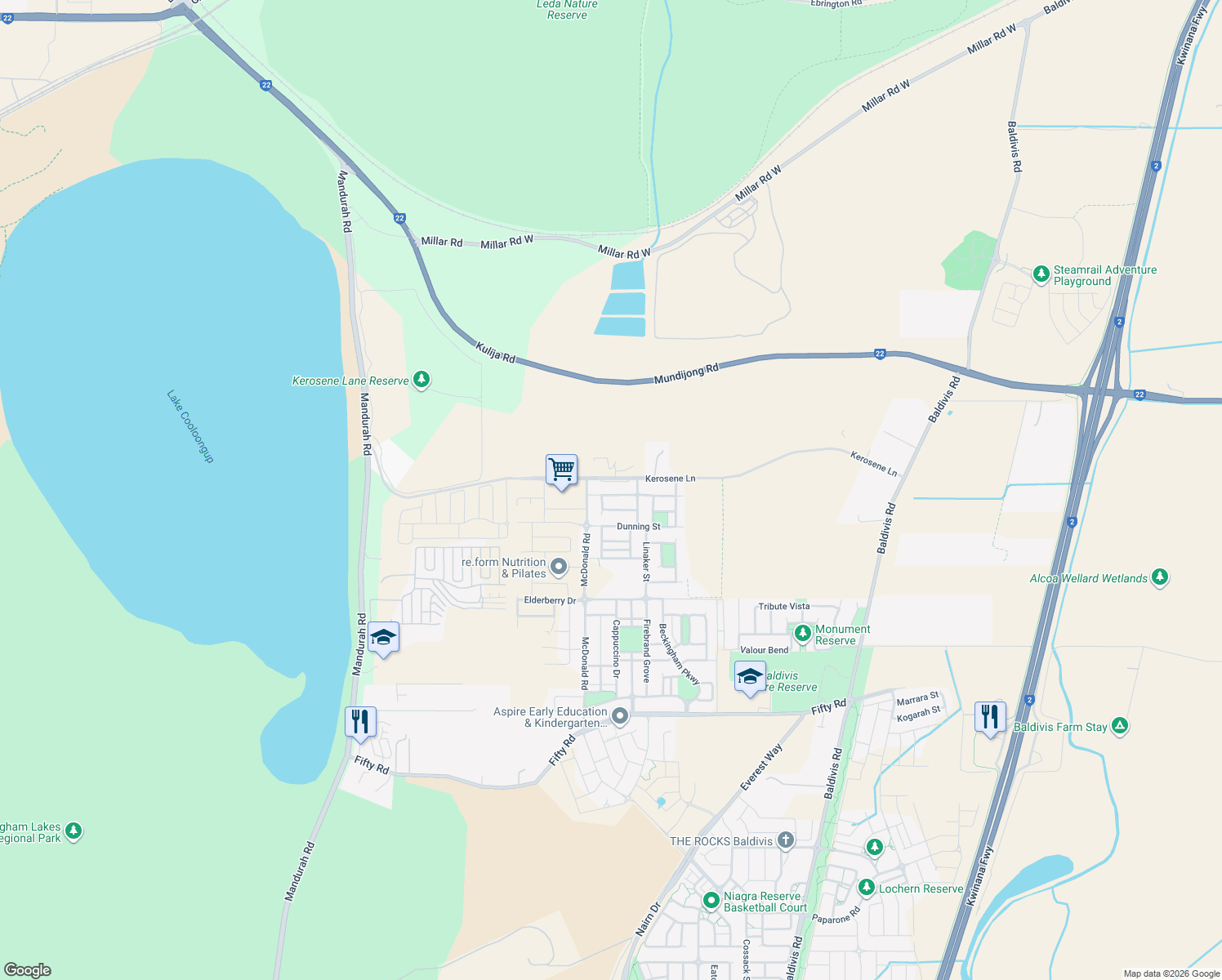 map of restaurants, bars, coffee shops, grocery stores, and more near 19 Chilvers Street in Baldivis