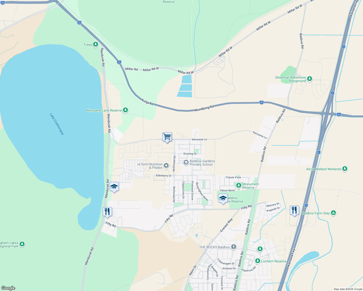 map of restaurants, bars, coffee shops, grocery stores, and more near 14 Chilvers Street in Baldivis