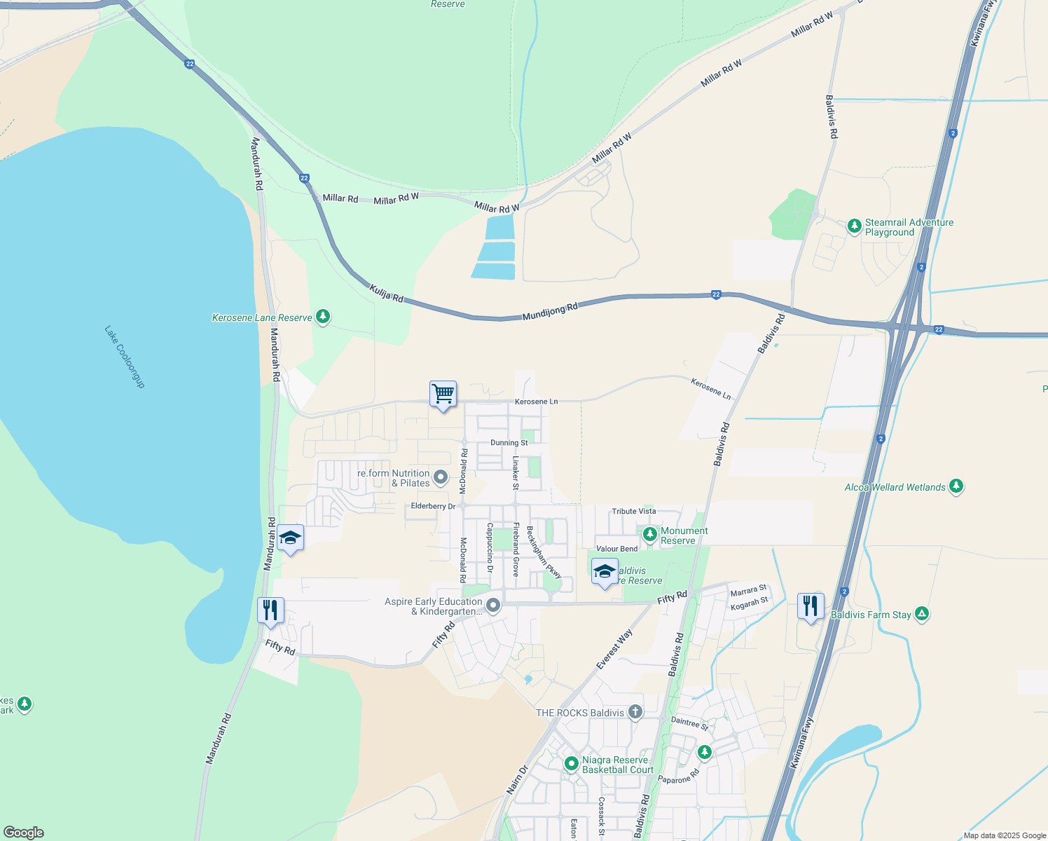 map of restaurants, bars, coffee shops, grocery stores, and more near 34 Chilvers Street in Baldivis