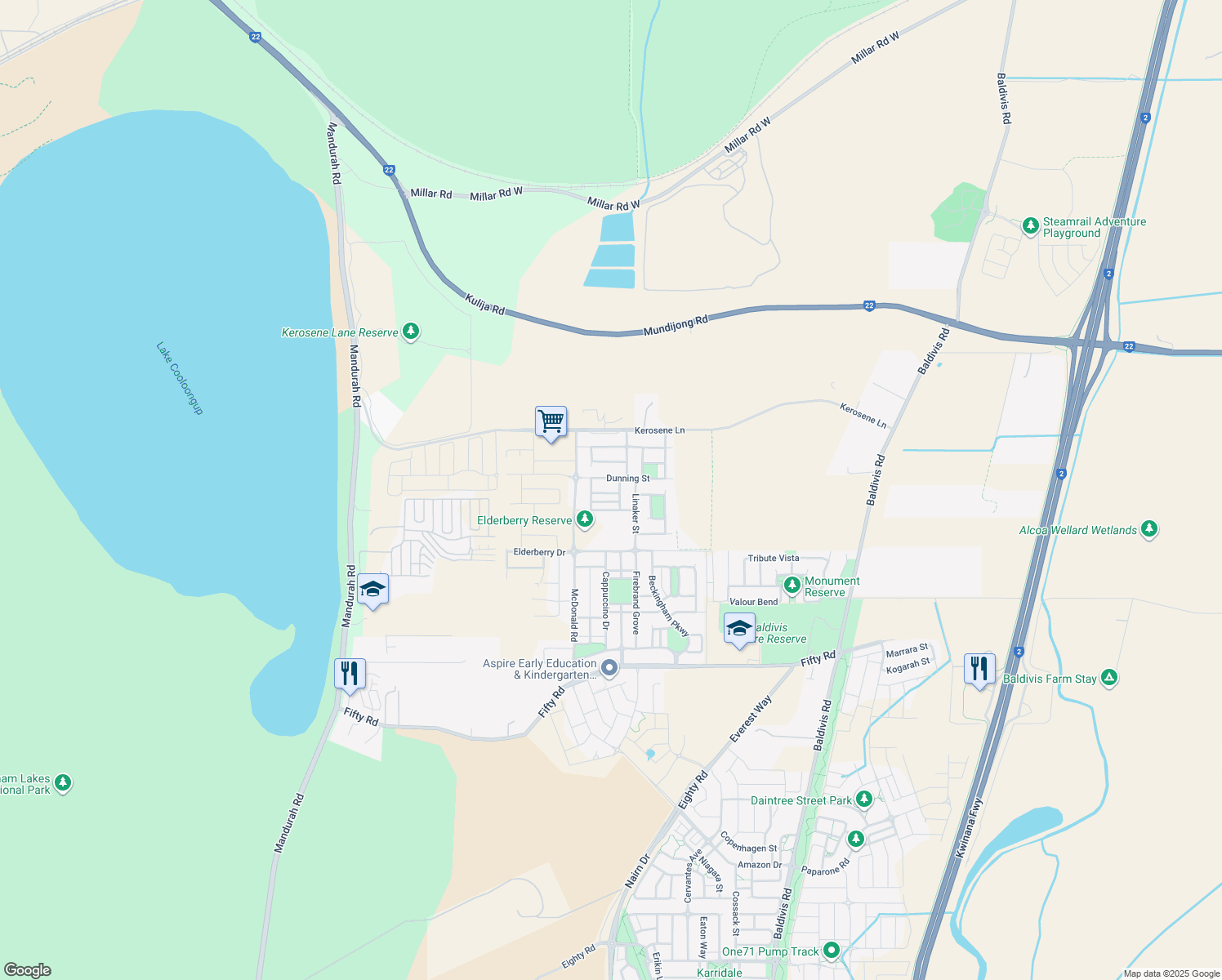 map of restaurants, bars, coffee shops, grocery stores, and more near 134 Kerosene Lane in Baldivis