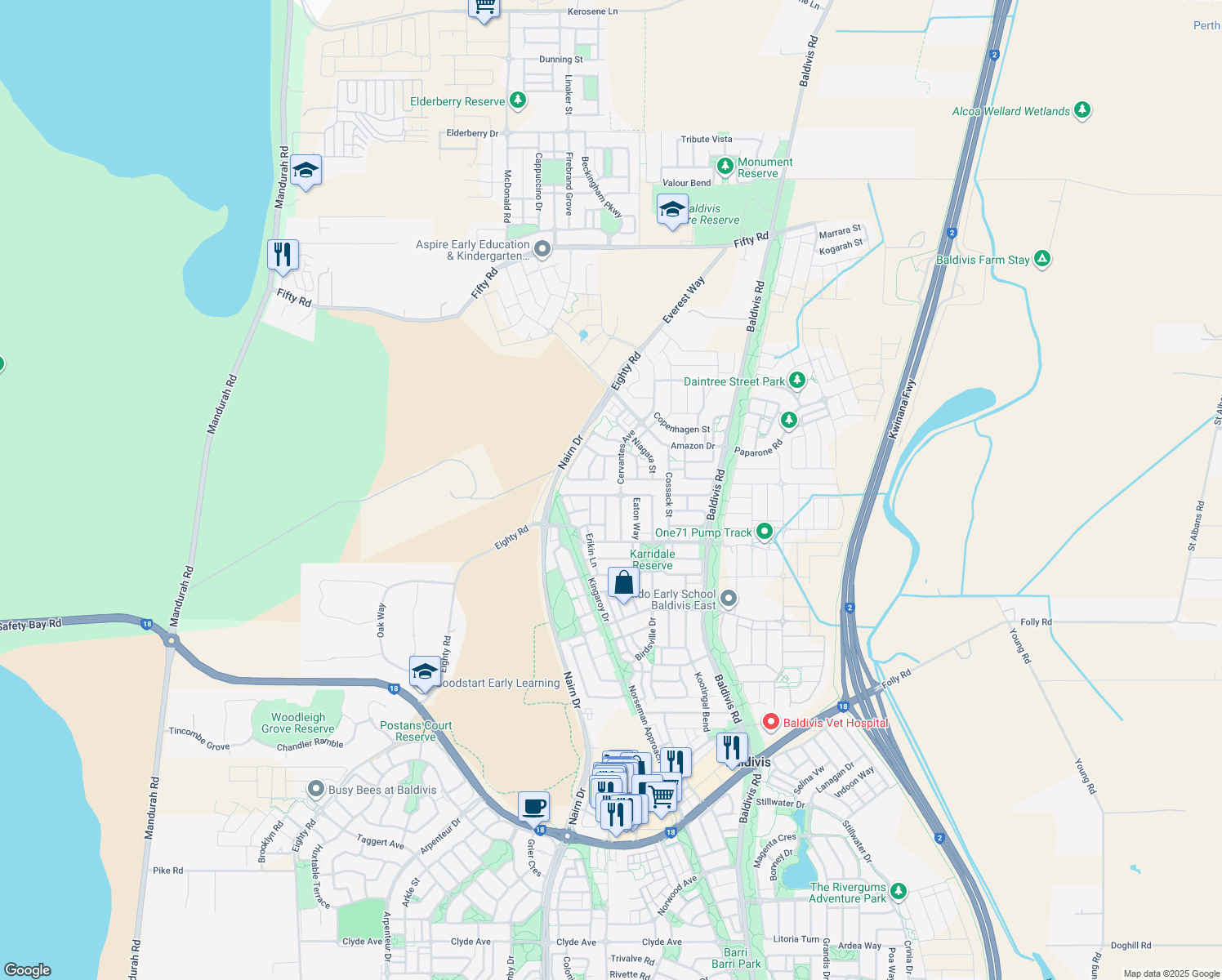 map of restaurants, bars, coffee shops, grocery stores, and more near 54 Colreavy Ramble in Baldivis