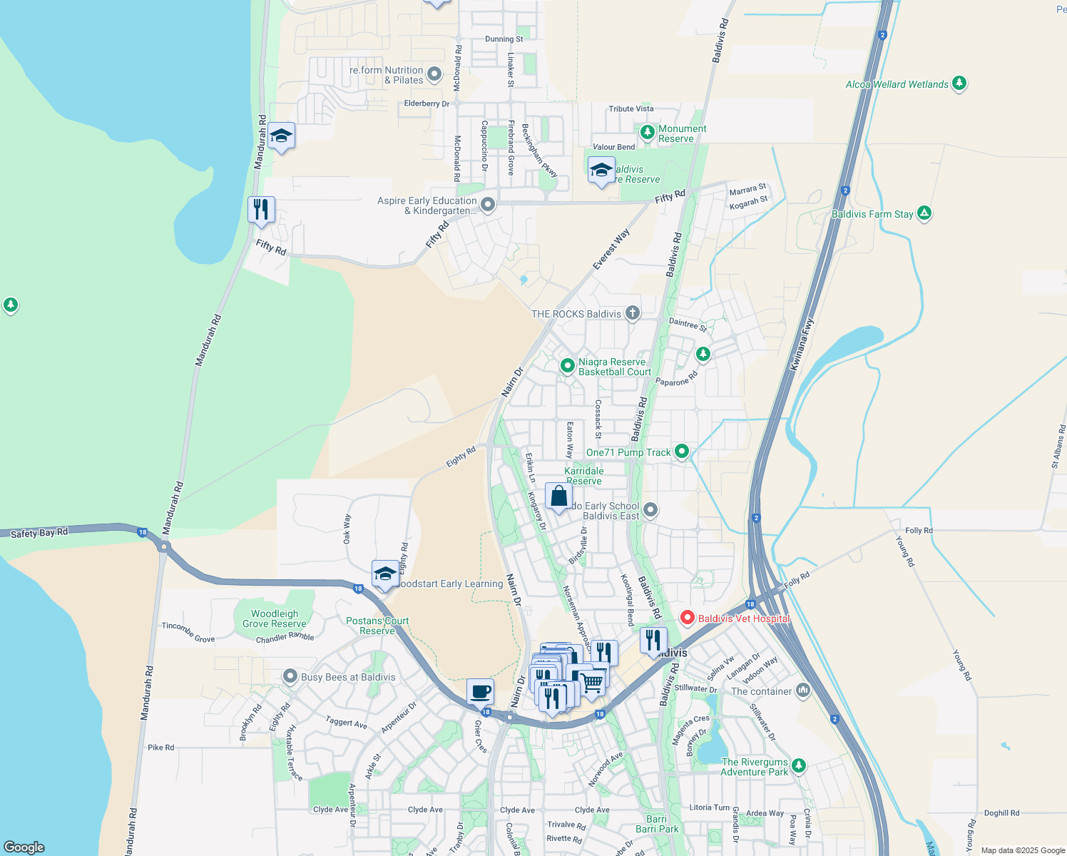 map of restaurants, bars, coffee shops, grocery stores, and more near 12 Exmouth Street in Baldivis