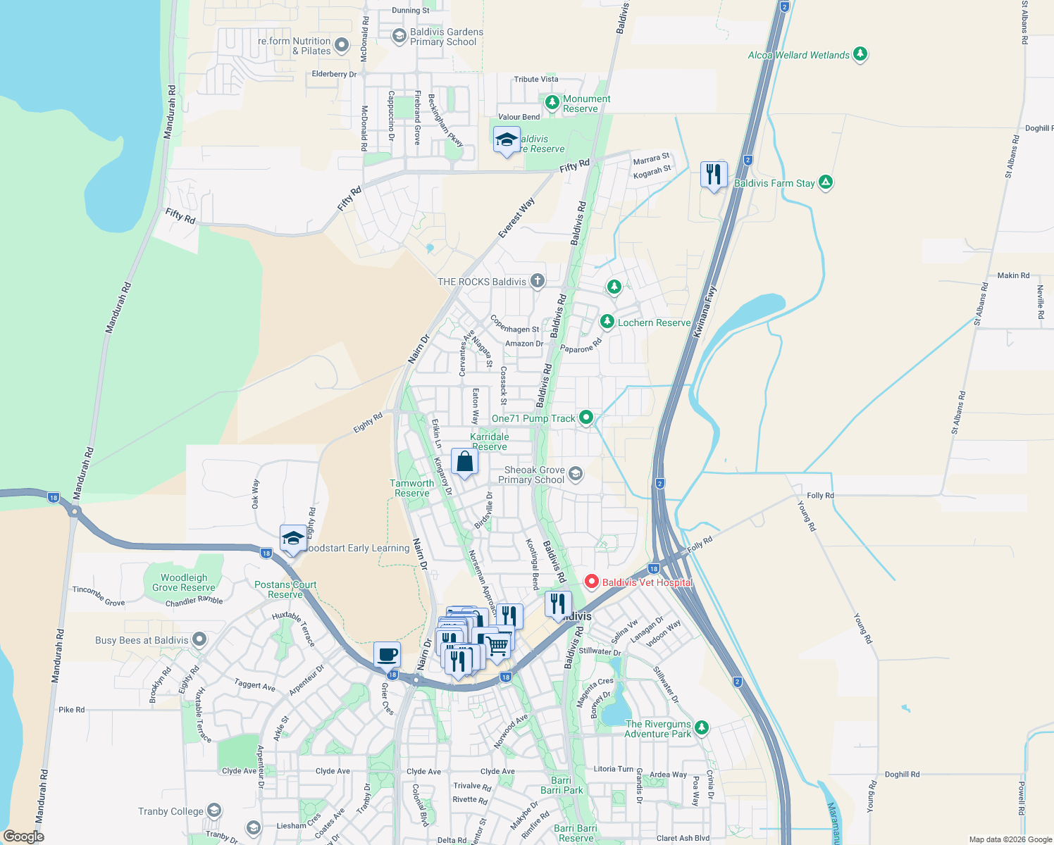 map of restaurants, bars, coffee shops, grocery stores, and more near 2 Pemberton Boulevard in Baldivis