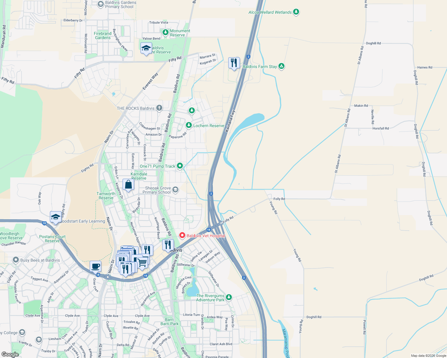 map of restaurants, bars, coffee shops, grocery stores, and more near in Baldivis